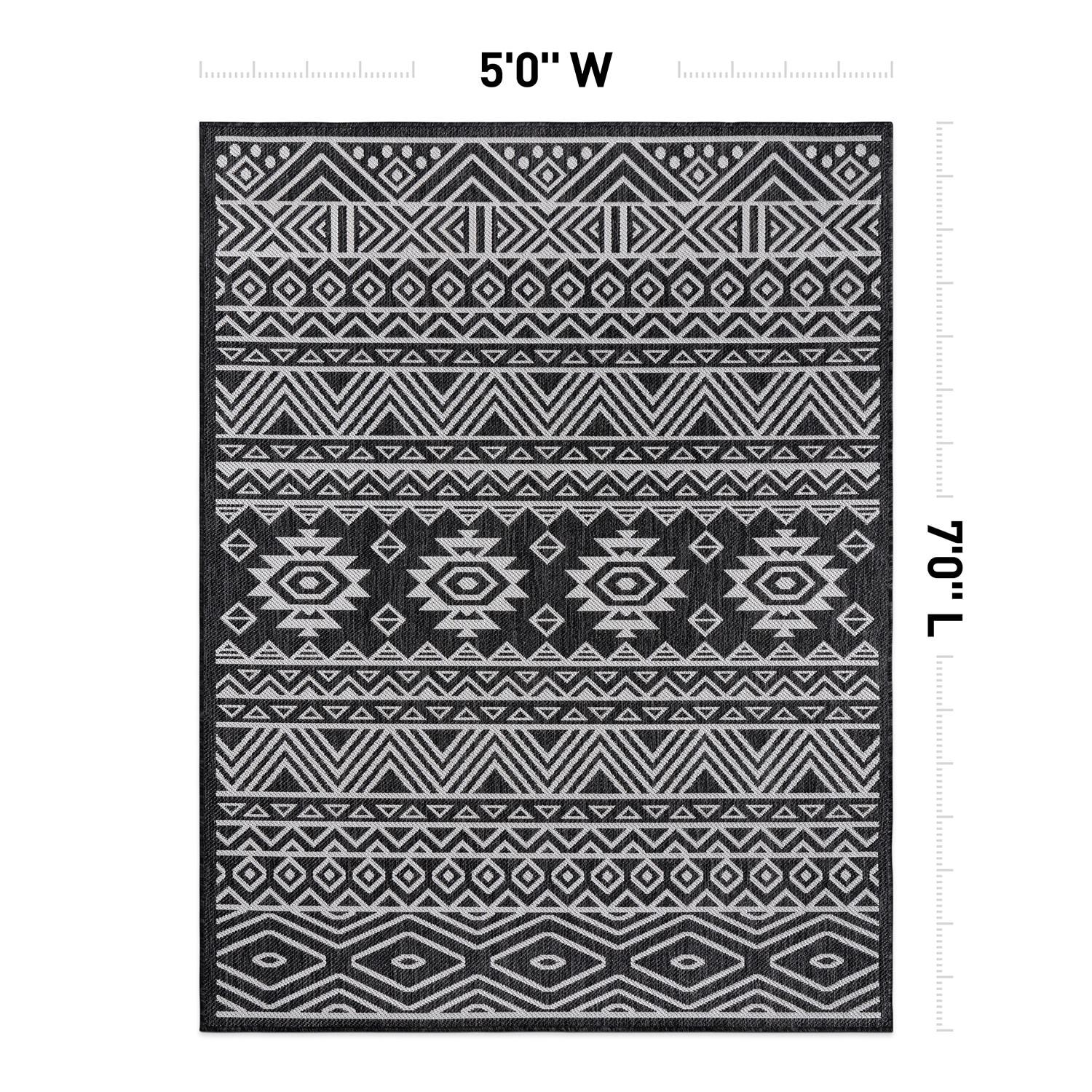 World Rug Gallery Distressed Geometric Bohemian Textured Flat Weave Indoor/Outdoor Area Rug - BLACK 5' X 7'