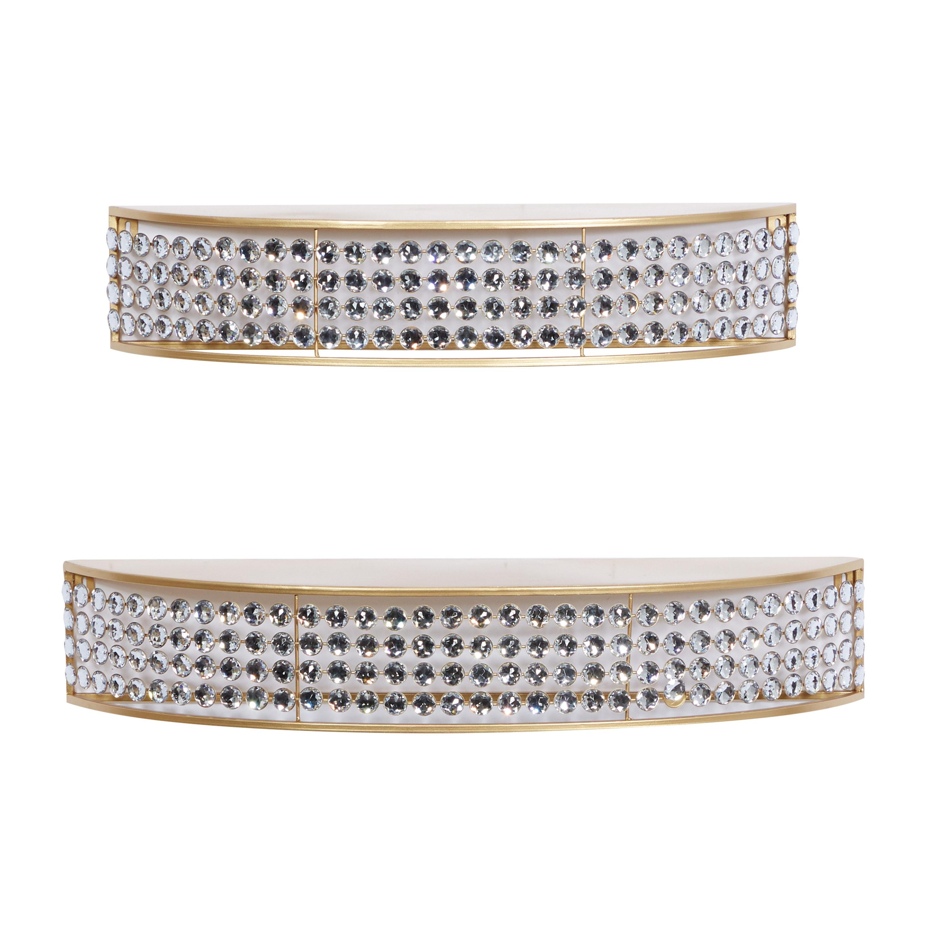 DecMode 5", 5"H Half-Moon 2-Tier Gold Wall Shelf with Crystal Embellishments (2 Count)