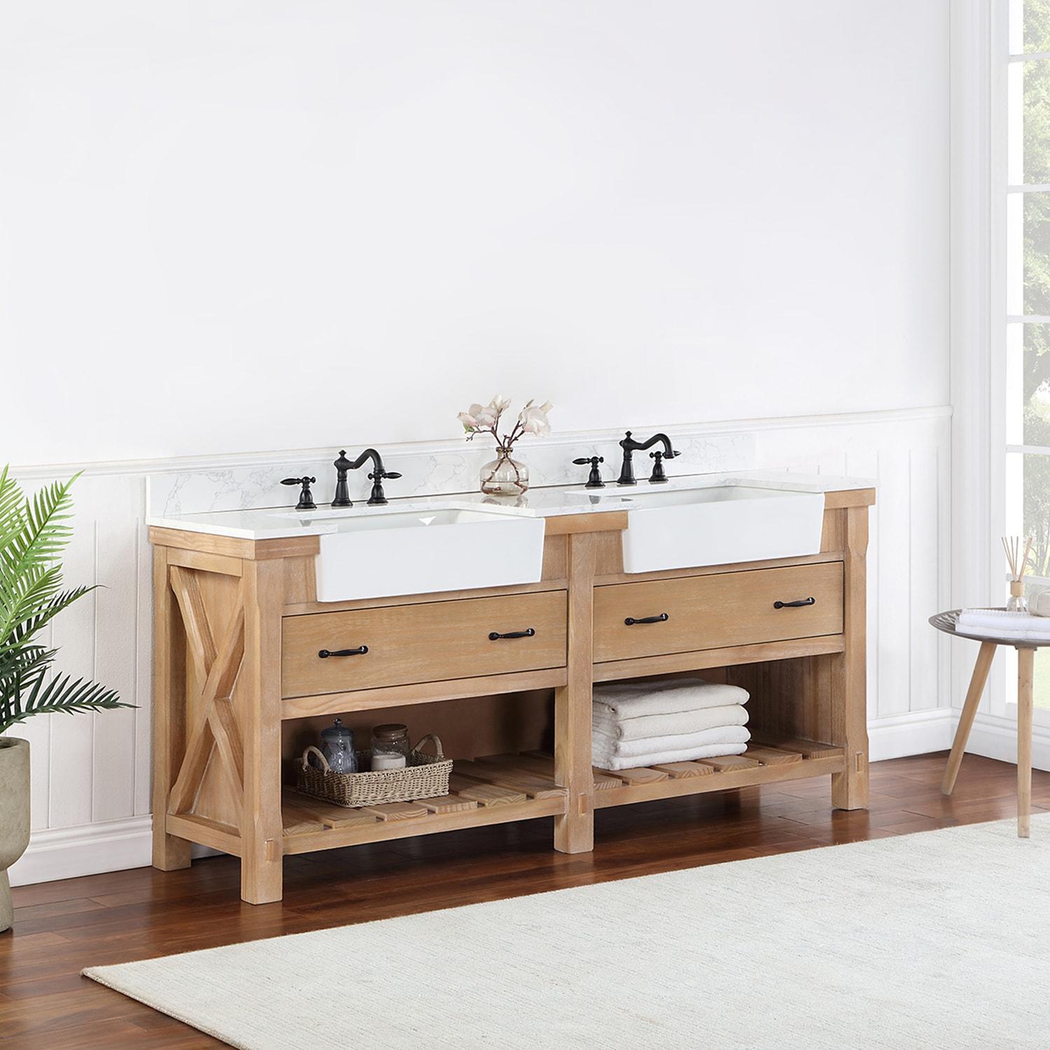 Villareal 72" Double White Farmhouse Basin Bath Vanity in Weathered Pine Wood