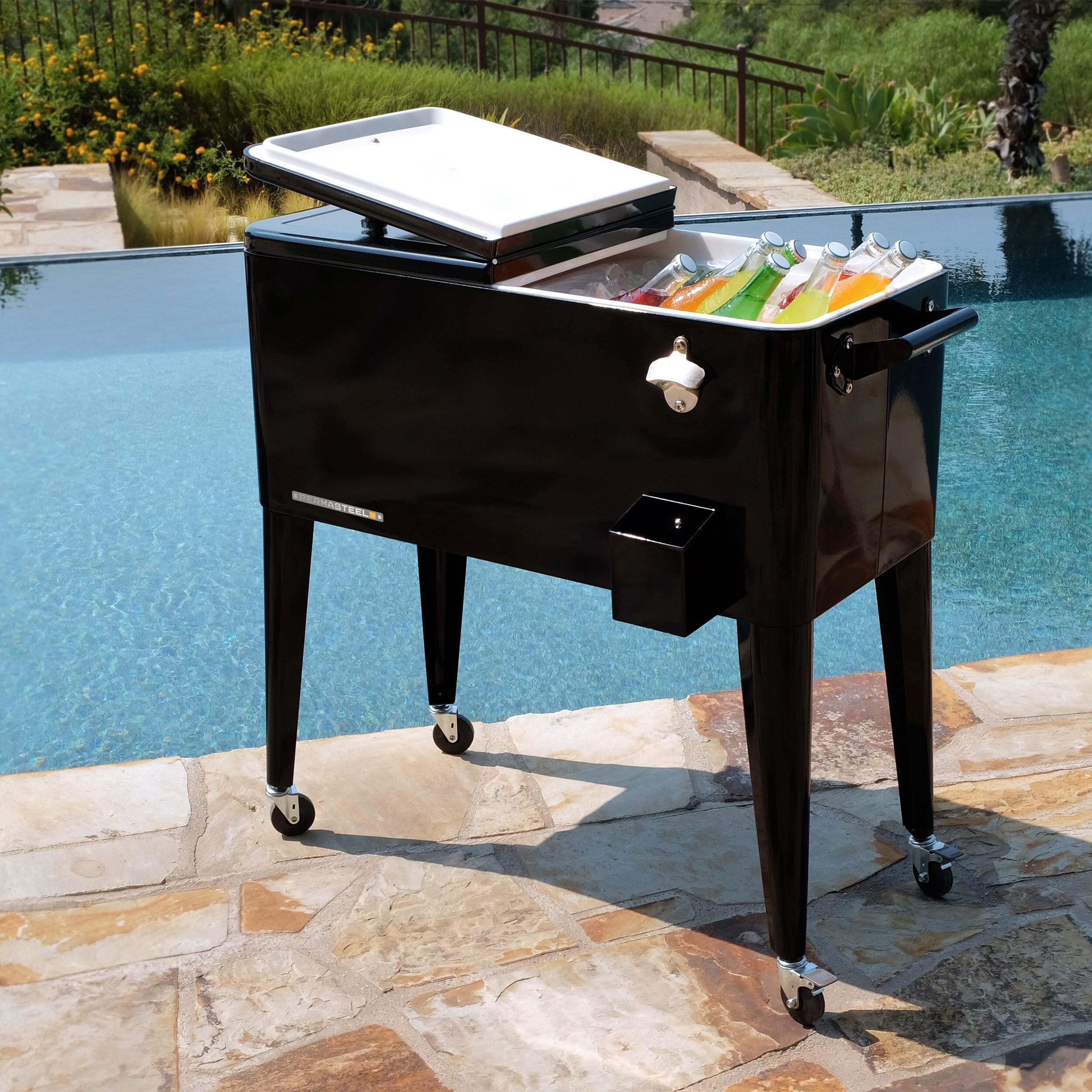 80qt Portable Rolling Patio Cooler - Black - Permasteel: Outdoor Cooler Cart with Stay Up Lid & Bottle Opener