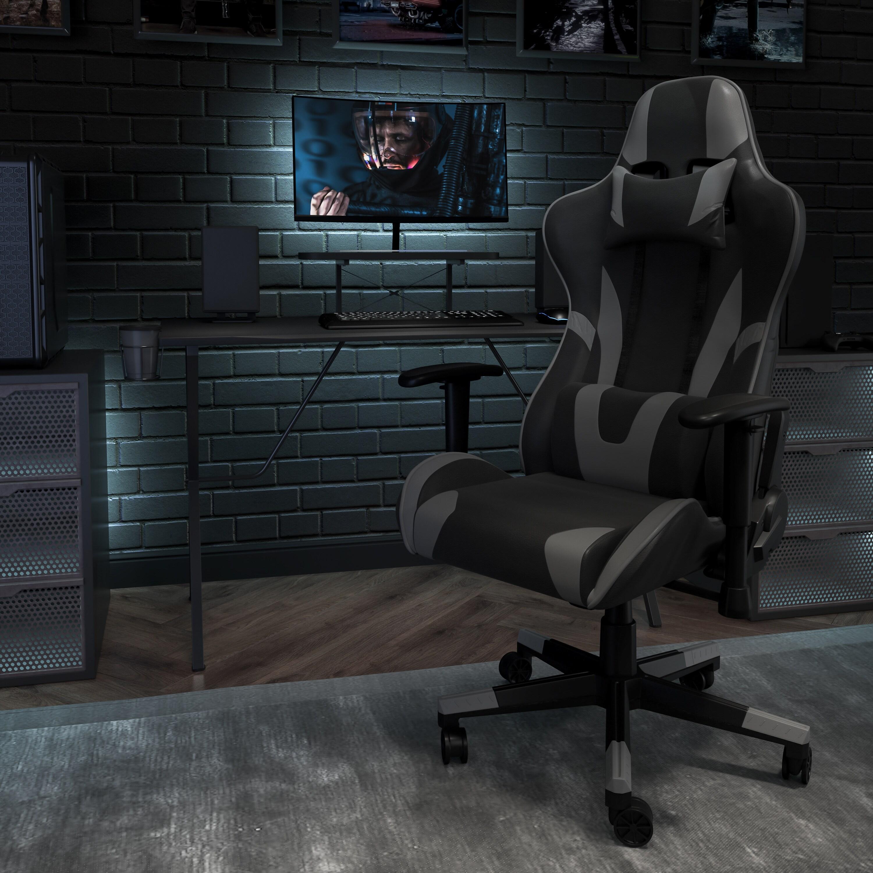 Flash Furniture X30 Gaming Chair Racing Office Ergonomic Computer Chair with Reclining Back and Slide-Out Footrest in Gray LeatherSoft