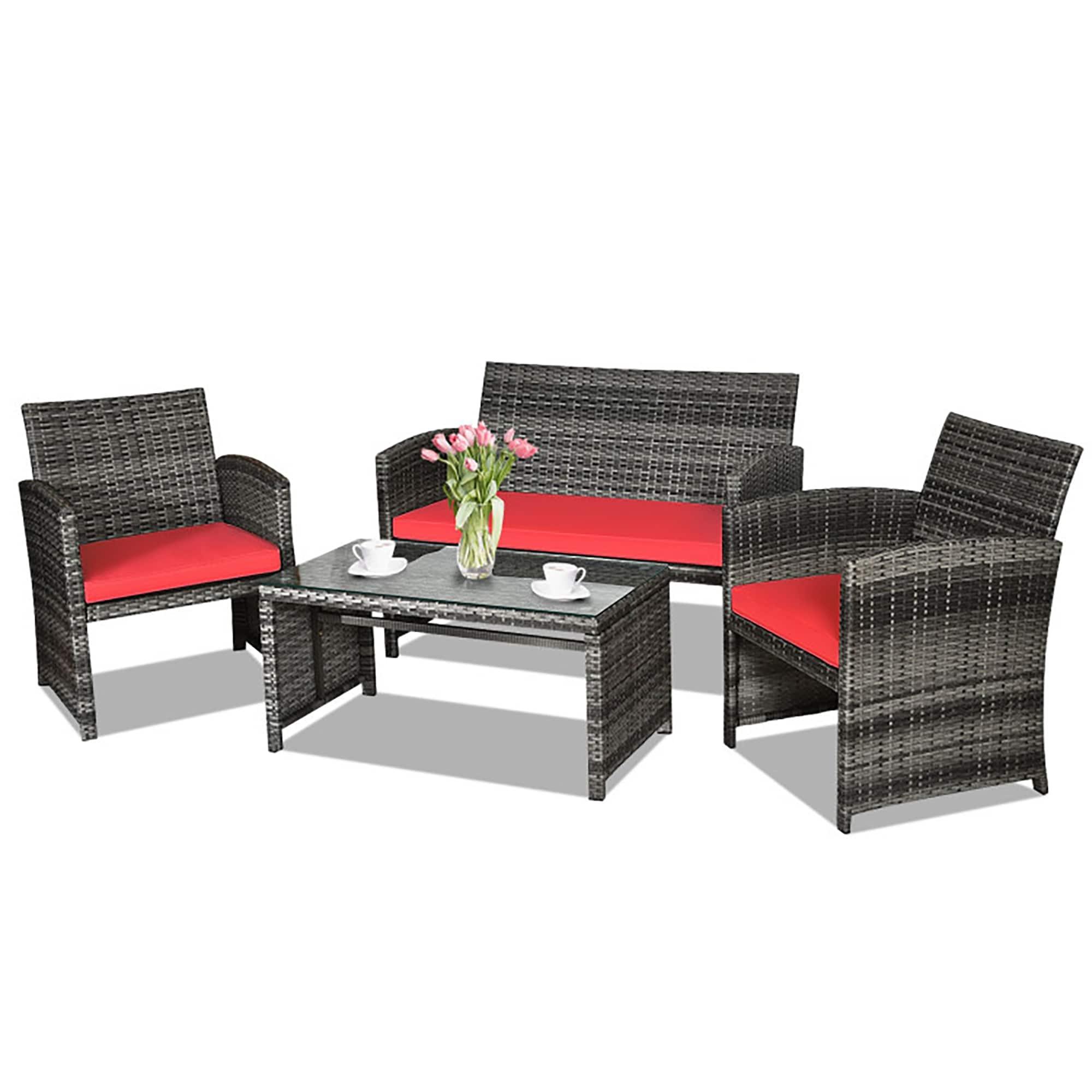 Aimee Lii 4 Pieces Wicker Patio Furniture Set with Cushions, Wicker Outdoor Sectional, Red