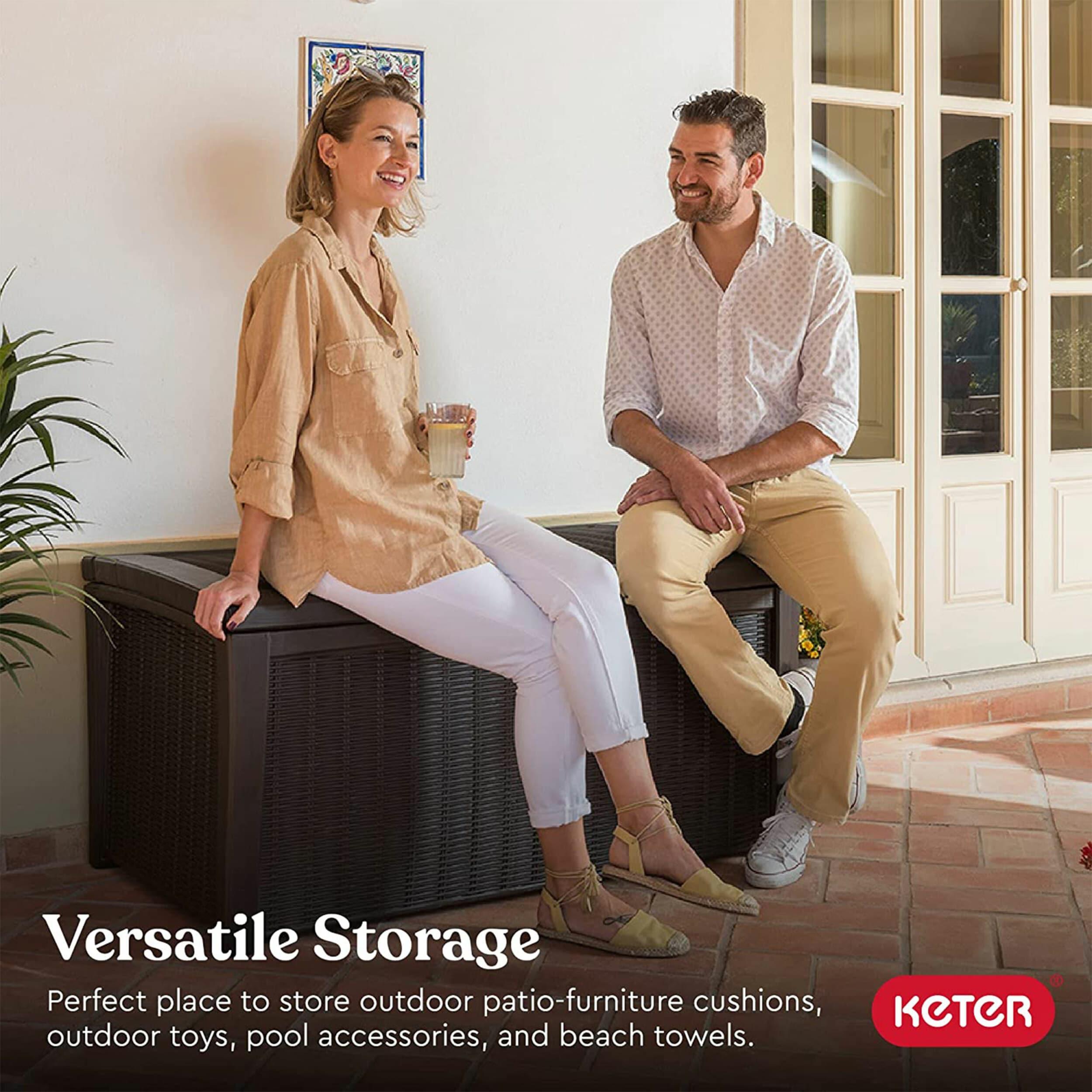 Keter Borneo 110 Gallon Rattan Wicker Resin Patio Deck Storage Box Bench
