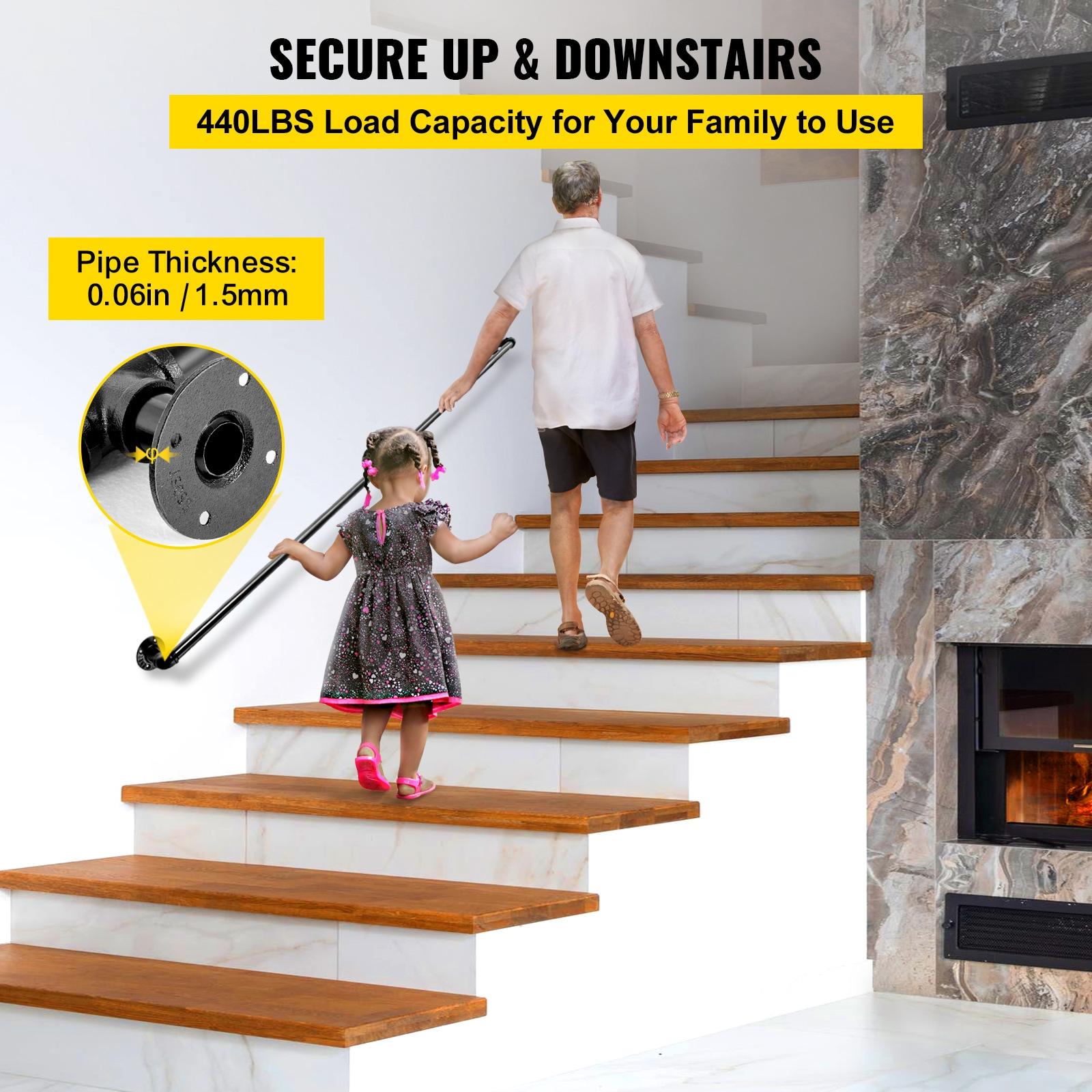 6 ft. Pipe Stair Handrail 440 lbs. Load Capacity Wall Mounted Handrail Round Corner Handrails for Outdoor Steps in Black