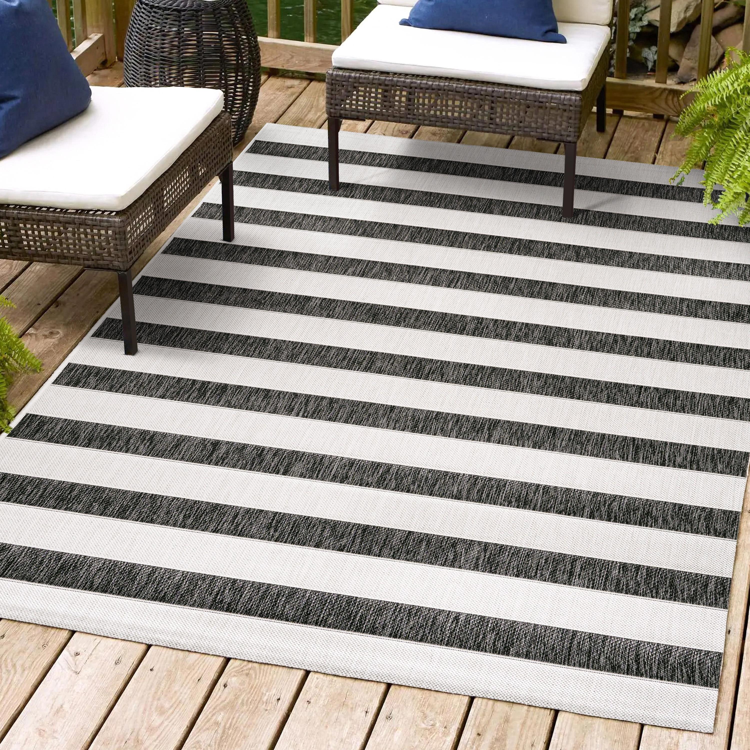 8'x10' Aveiro Wide Stripe Indoor/Outdoor Area Rug, Black/Cream - JONATHAN Y