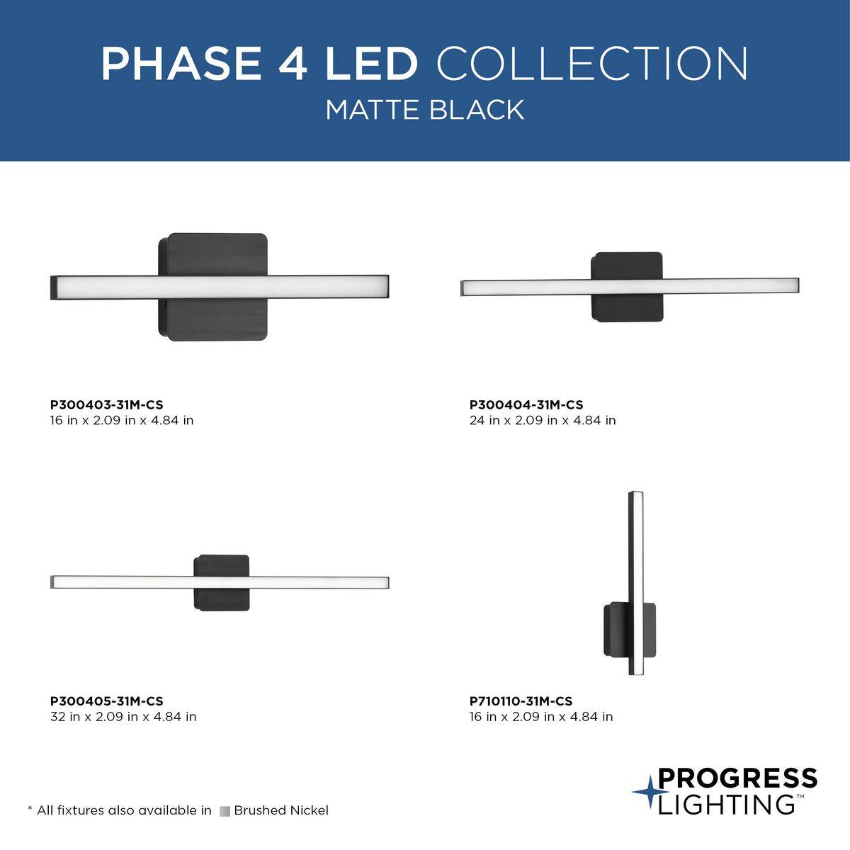 Progress Lighting Phase 4 1-Light LED Linear Vanity Light, Matte Black, Rectangular Acrylic Shade