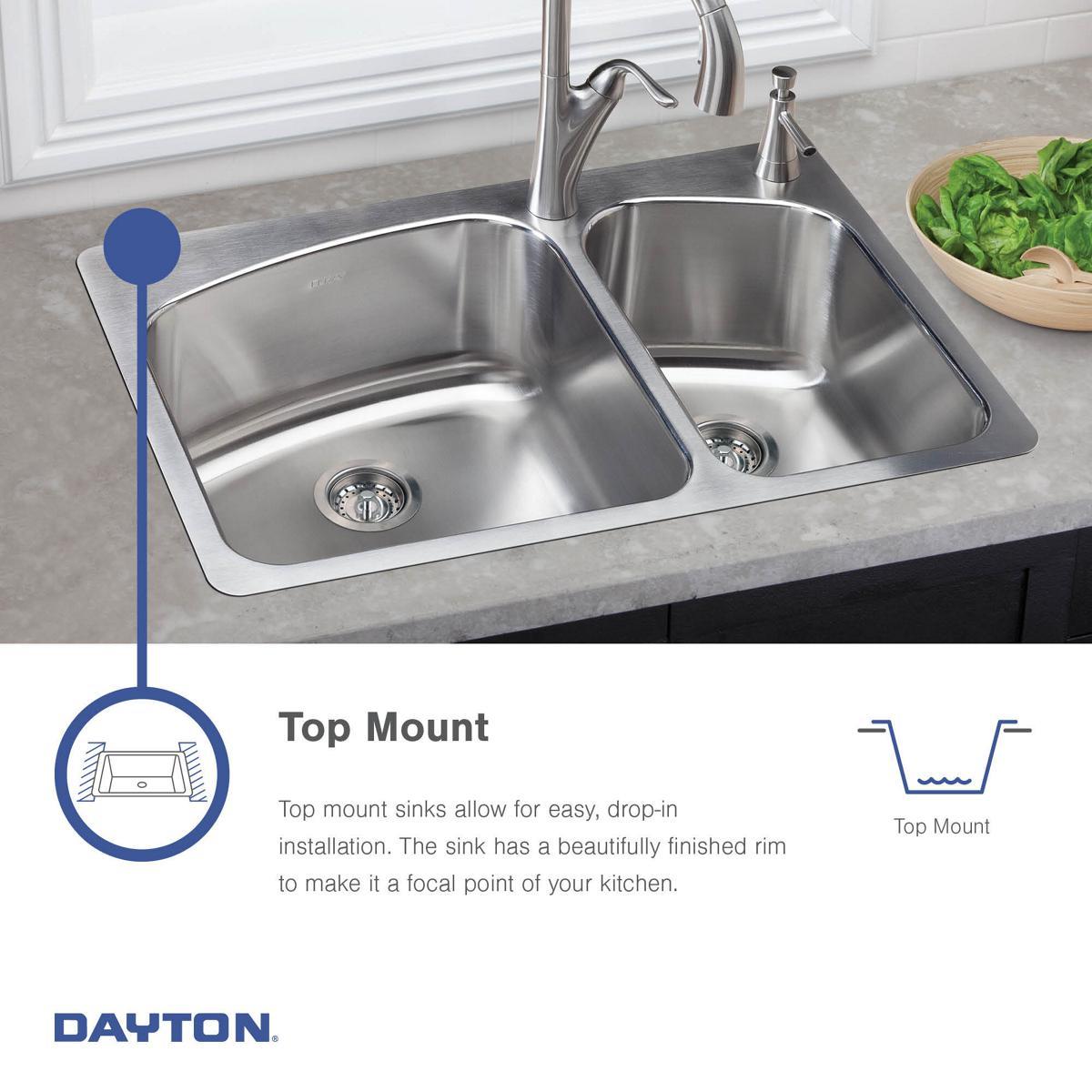 Dayton Stainless Steel D225191 25" x 19" x 6-5/16", Equal Double Bowl Top Mount Sink