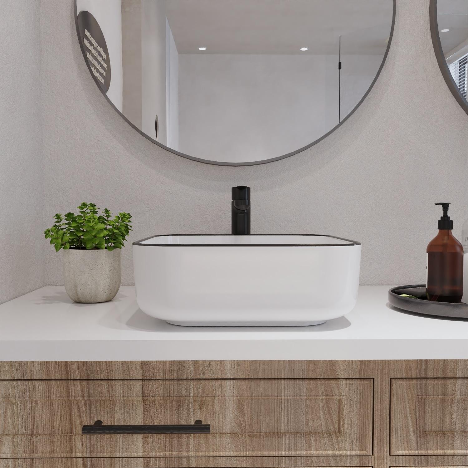 DeerValley Ace 15'' White/Black Square Ceramic Vessel Bathroom Sink