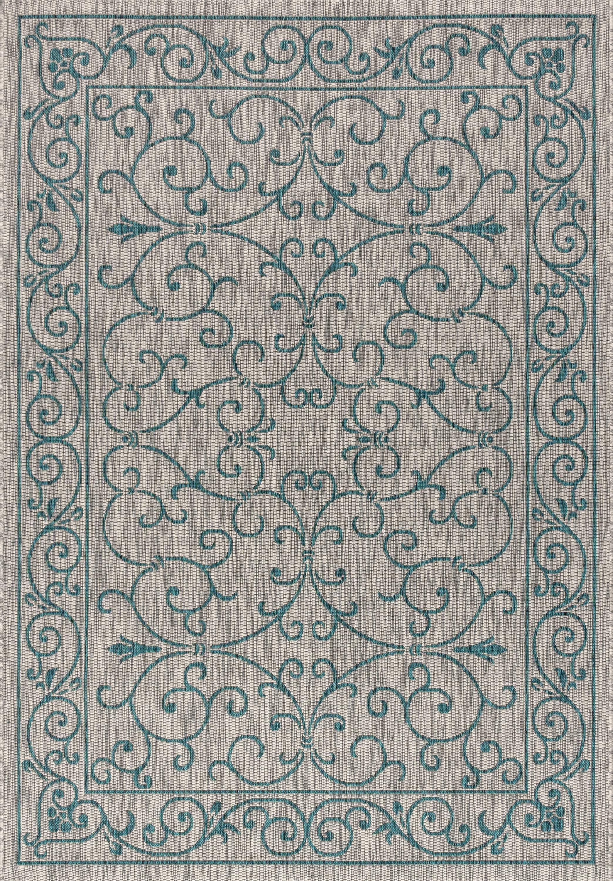 5'x8' Charleston Vintage Filigree Textured Weave Indoor/Outdoor Area Rug, Gray/Teal - JONATHAN Y