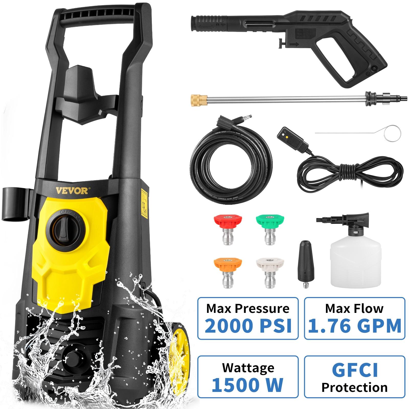 VEVOR 2000 PSI Black and Yellow Electric Pressure Washer with 5 Spray Tips