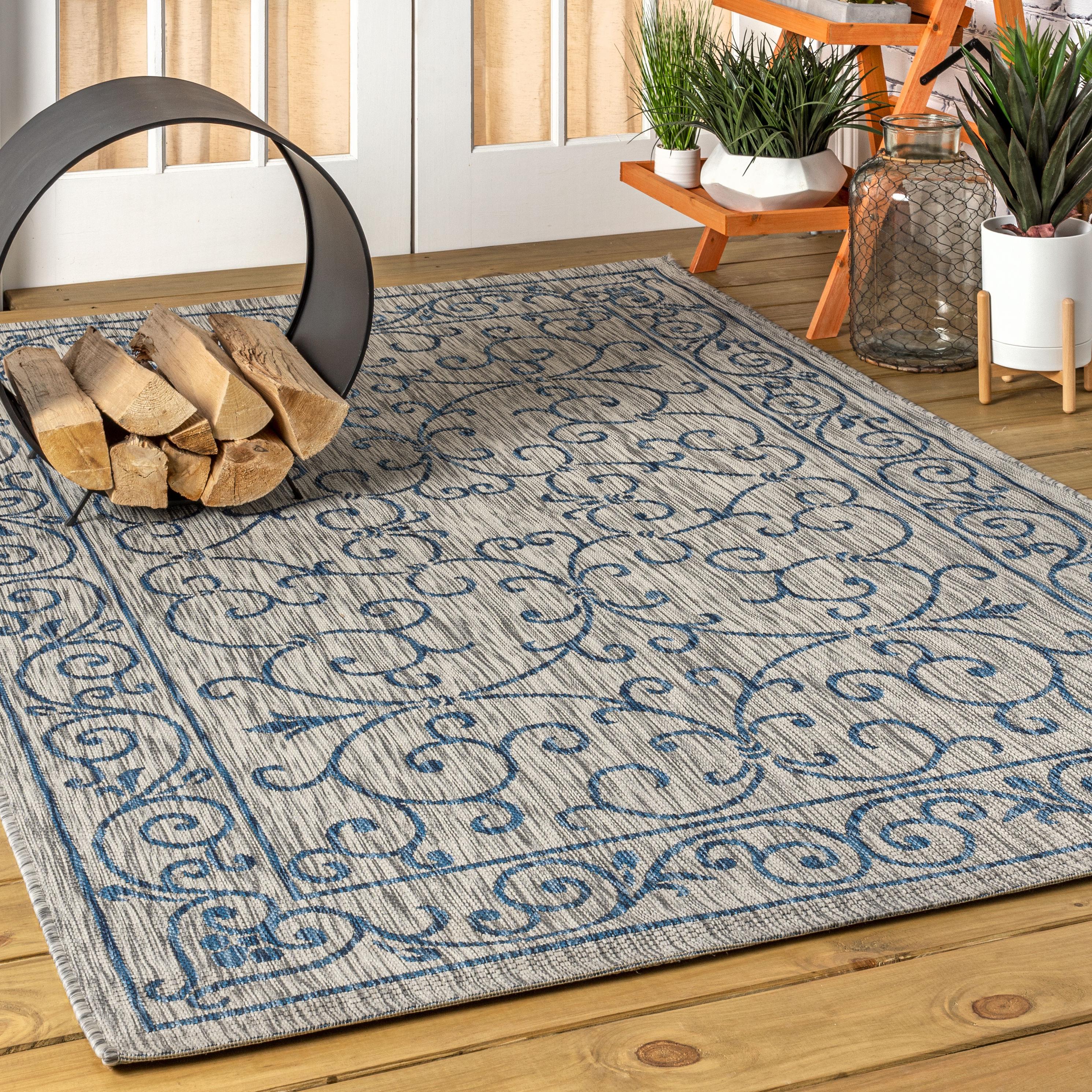 9' X 12' Charleston Vintage Filigree Textured Weave Indoor/Outdoor Area Rug, Gray/Navy - JONATHAN Y