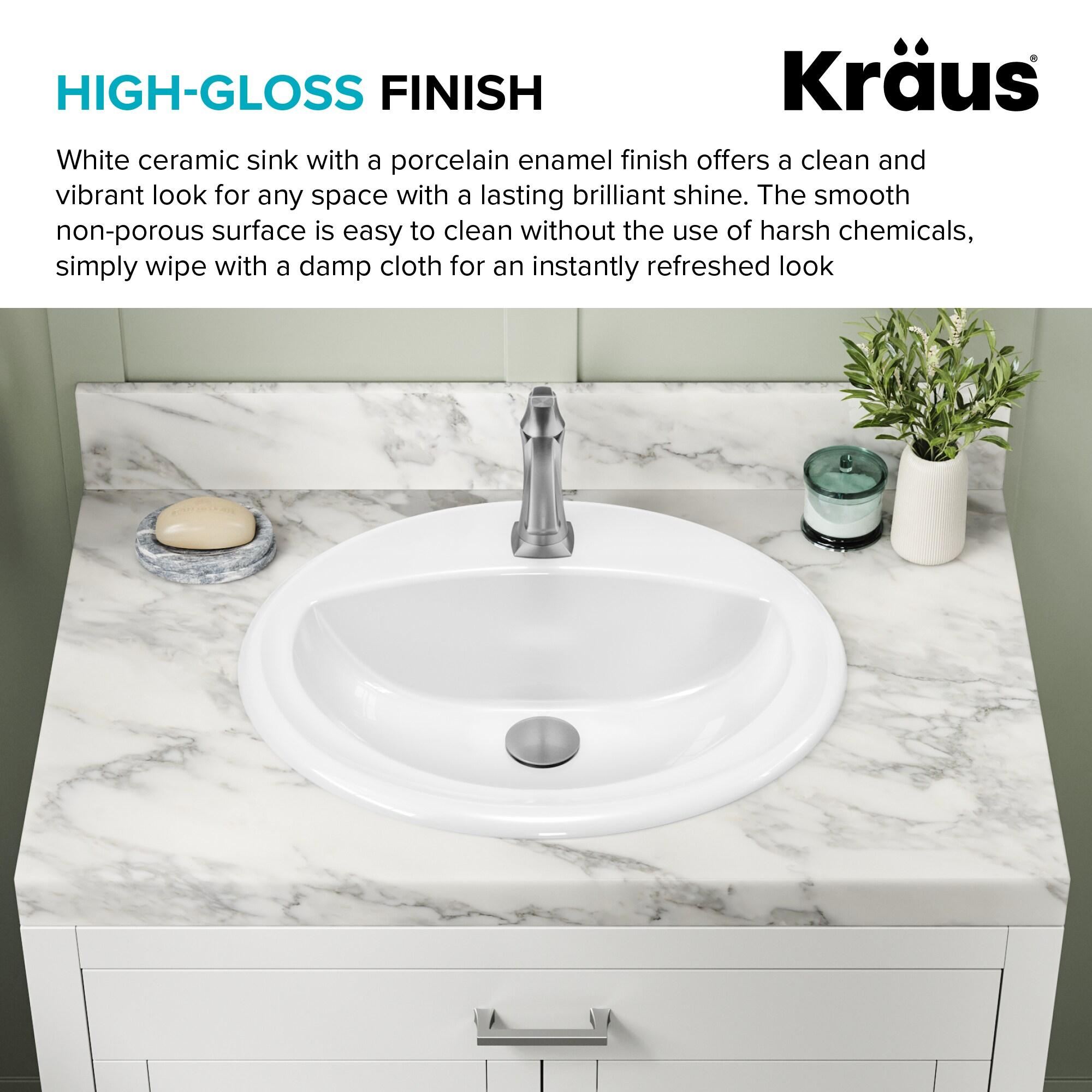 KRAUS Elavo. Oval Porcelain Ceramic Self-Rimming Drop In Bathroom Sink In White With Overflow Drain, KCT-100