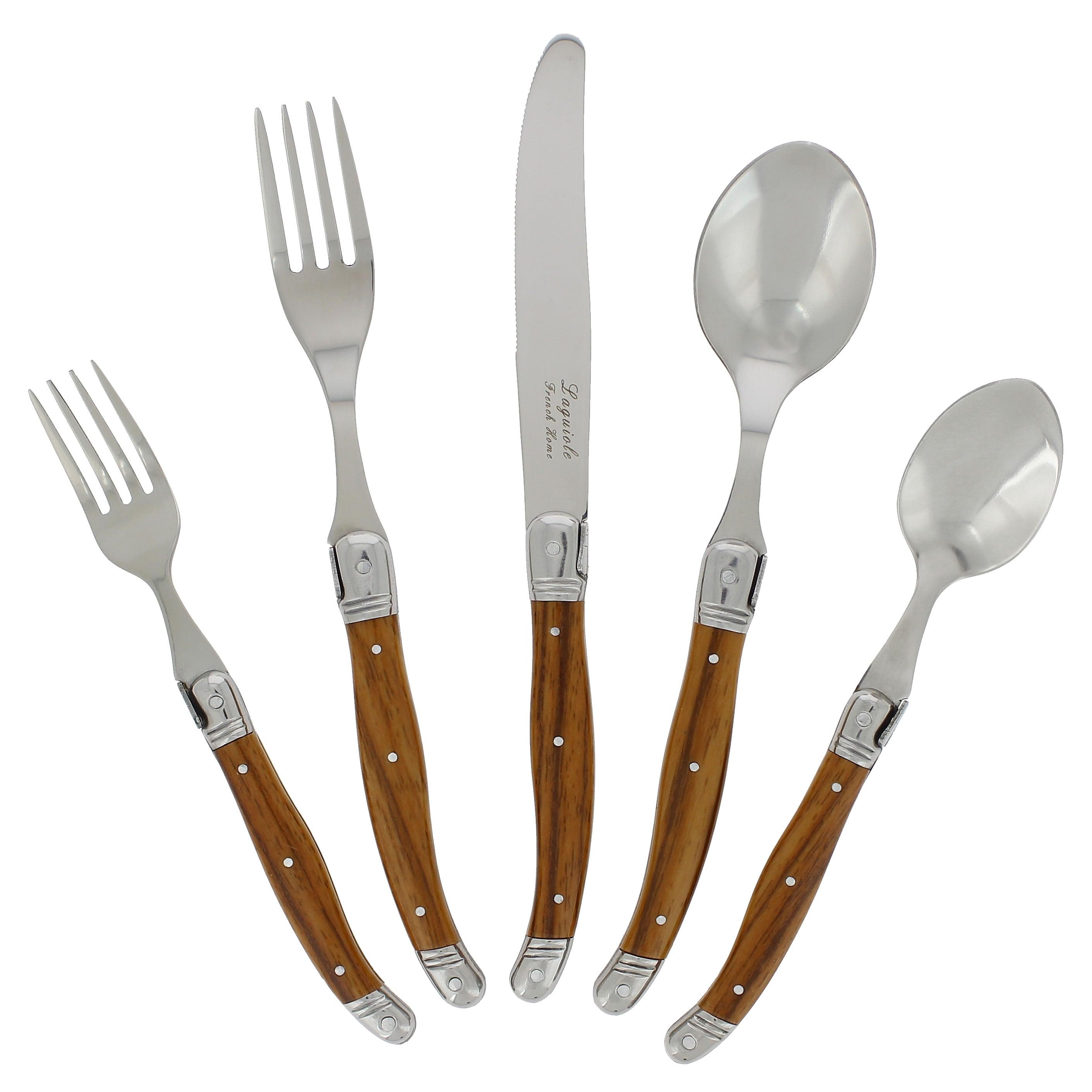 20pc Stainless Steel Laguiole Wood Grain Flatware Set Brown - French Home: Silverware Set, Ergonomic Grip, Service for 4