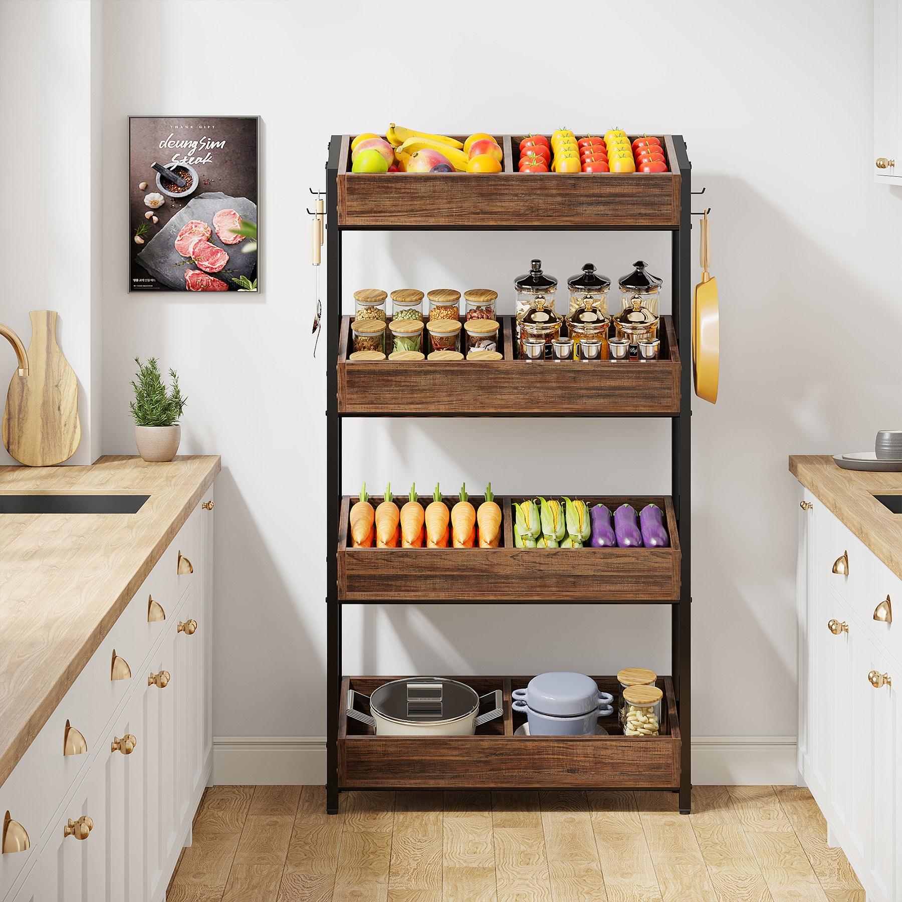 Tribesigns Wood Fruit Vegetable Storage Rack Stand,4-Tier Stackable Fruit Basket Organizer Rack