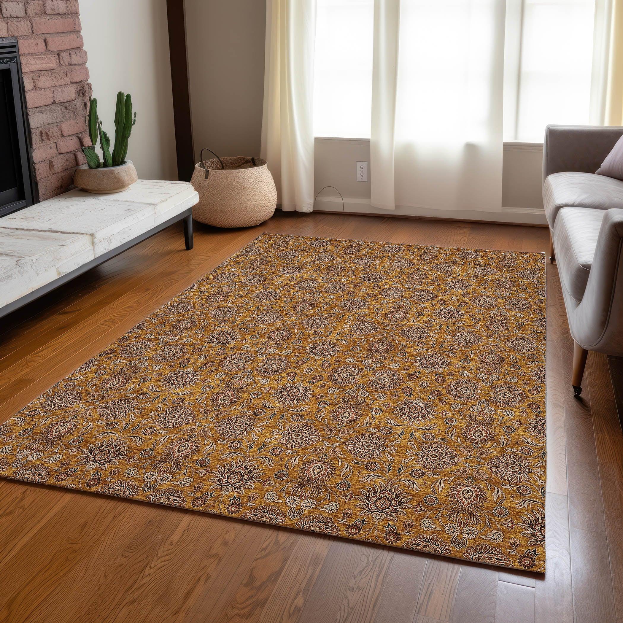 Copper Floral Pattern Machine Washable Indoor Outdoor Rug