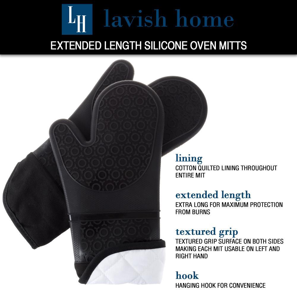 Silicone Oven Mitts - Extra Long Professional Quality Heat Resistant with Quilted Lining and 2-sided Textured Grip - 1 pair Black by Hastings Home