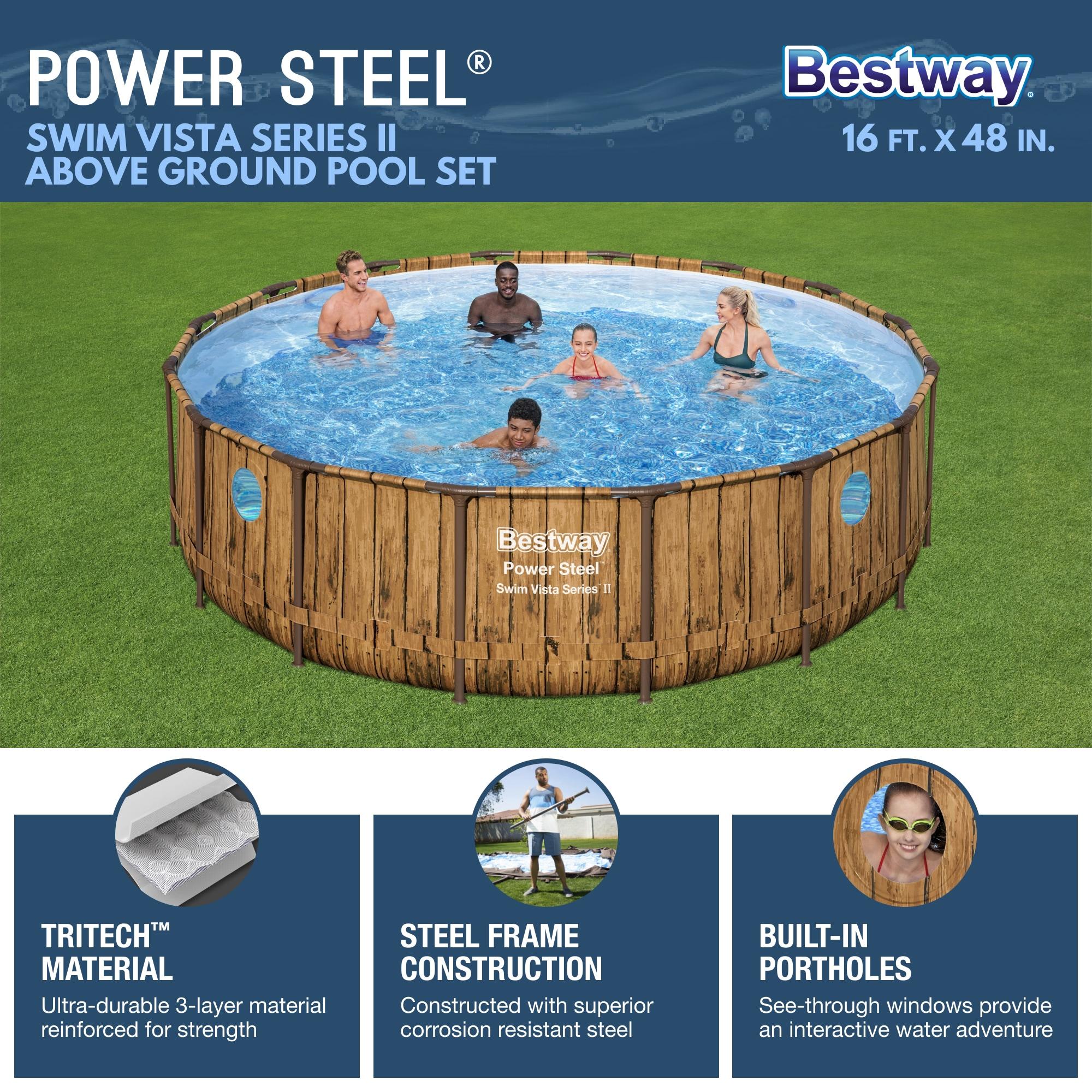 Bestway 16-ft x 16-ft x 48-in Metal frame Round Above-Ground Pool with Filter Pump with Ground Cloth with Pool Cover with Ladder