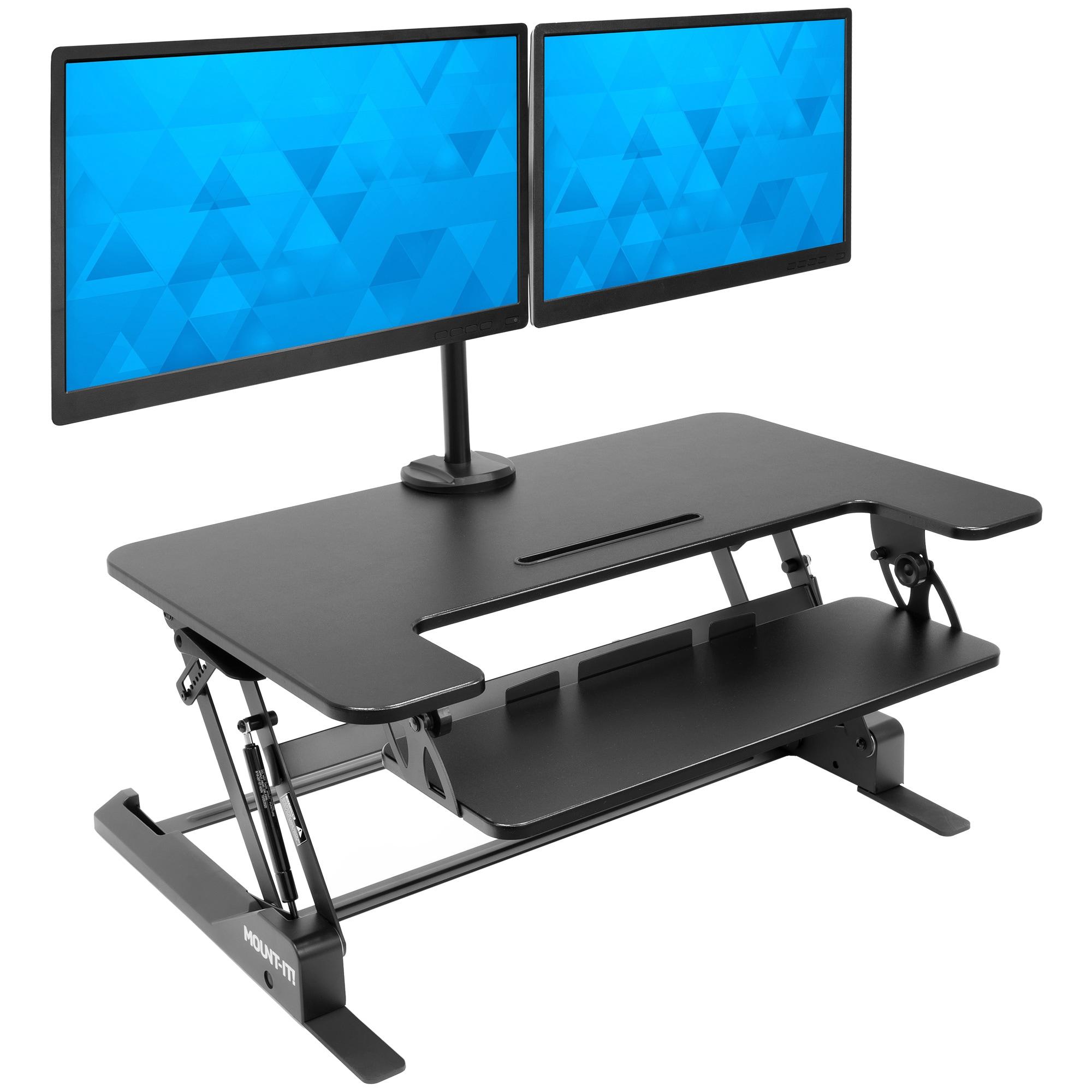 Mount-It! Height Adjustable Standing Desk Converter with Bonus Dual Monitor Mount Included - Wide 36 Inch Sit Stand Workstation with Gas Spring Lift