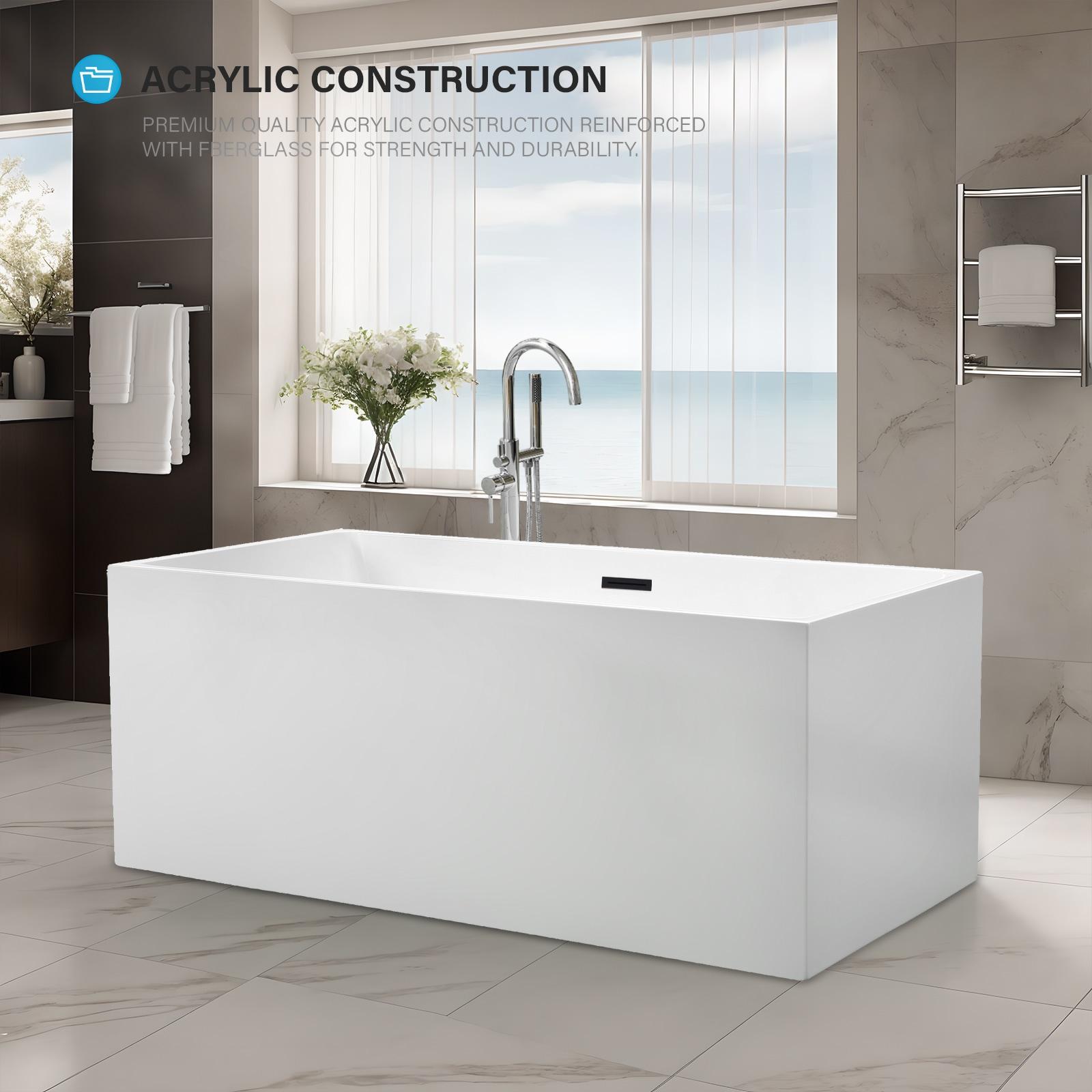 Vanity Art 67" Acrylic Freestanding Soaking Bathtub with Overflow and Pop-up Drain