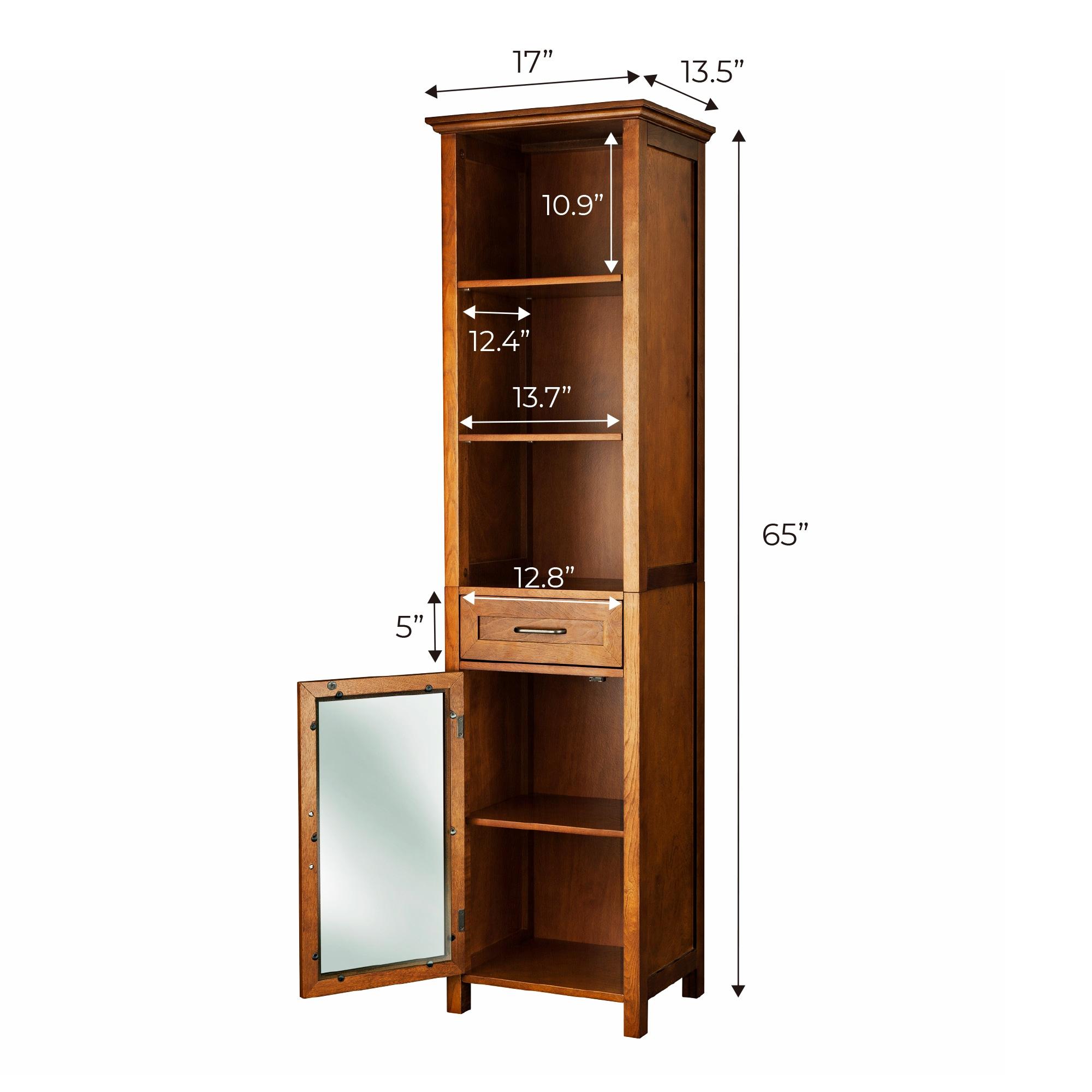 Oak Finish Bathroom Linen Tower Storage Cabinet with Shelves