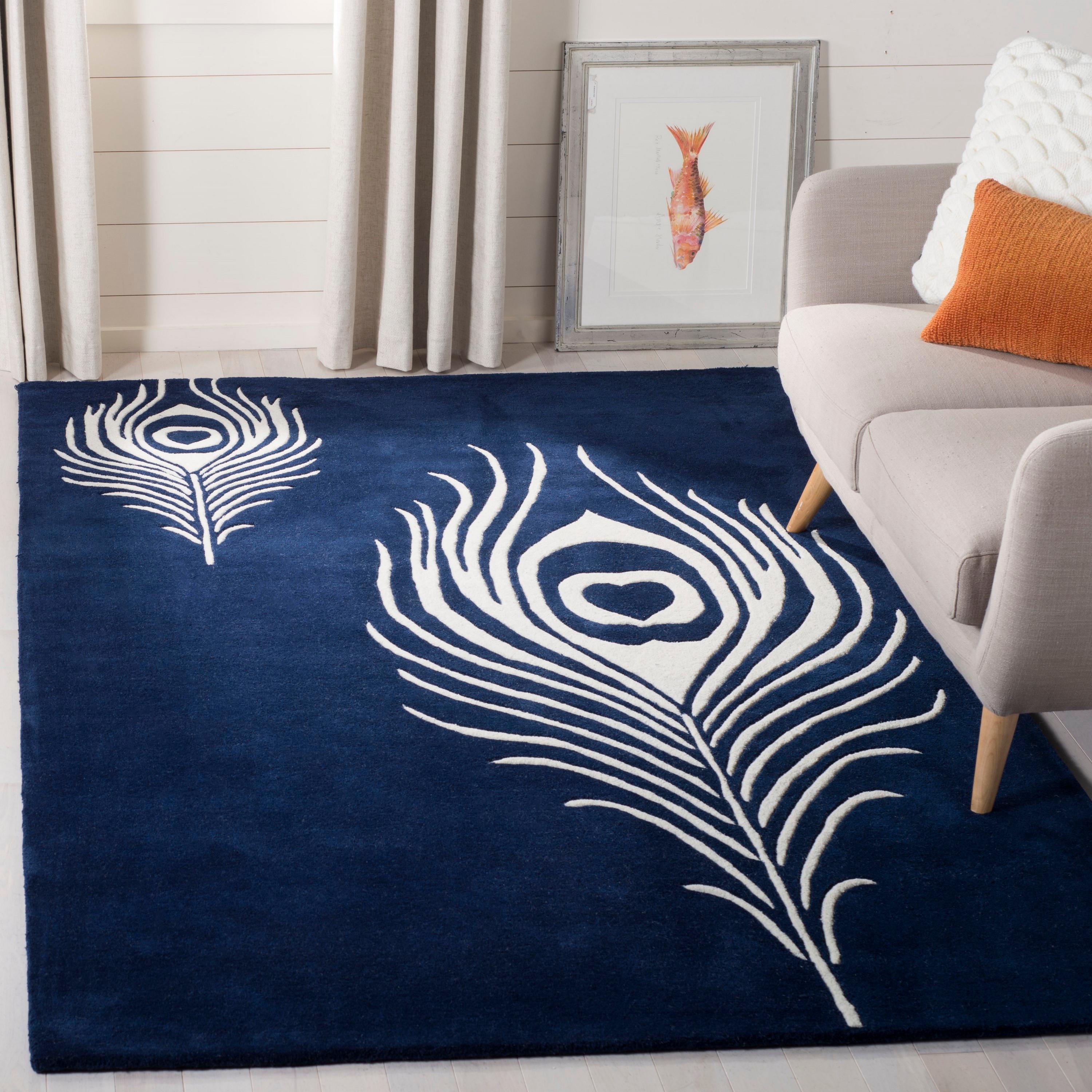 SAFAVIEH Soho Jarvis Peacock Feather Wool Area Rug, Navy/Ivory, 3'6" x 5'6"