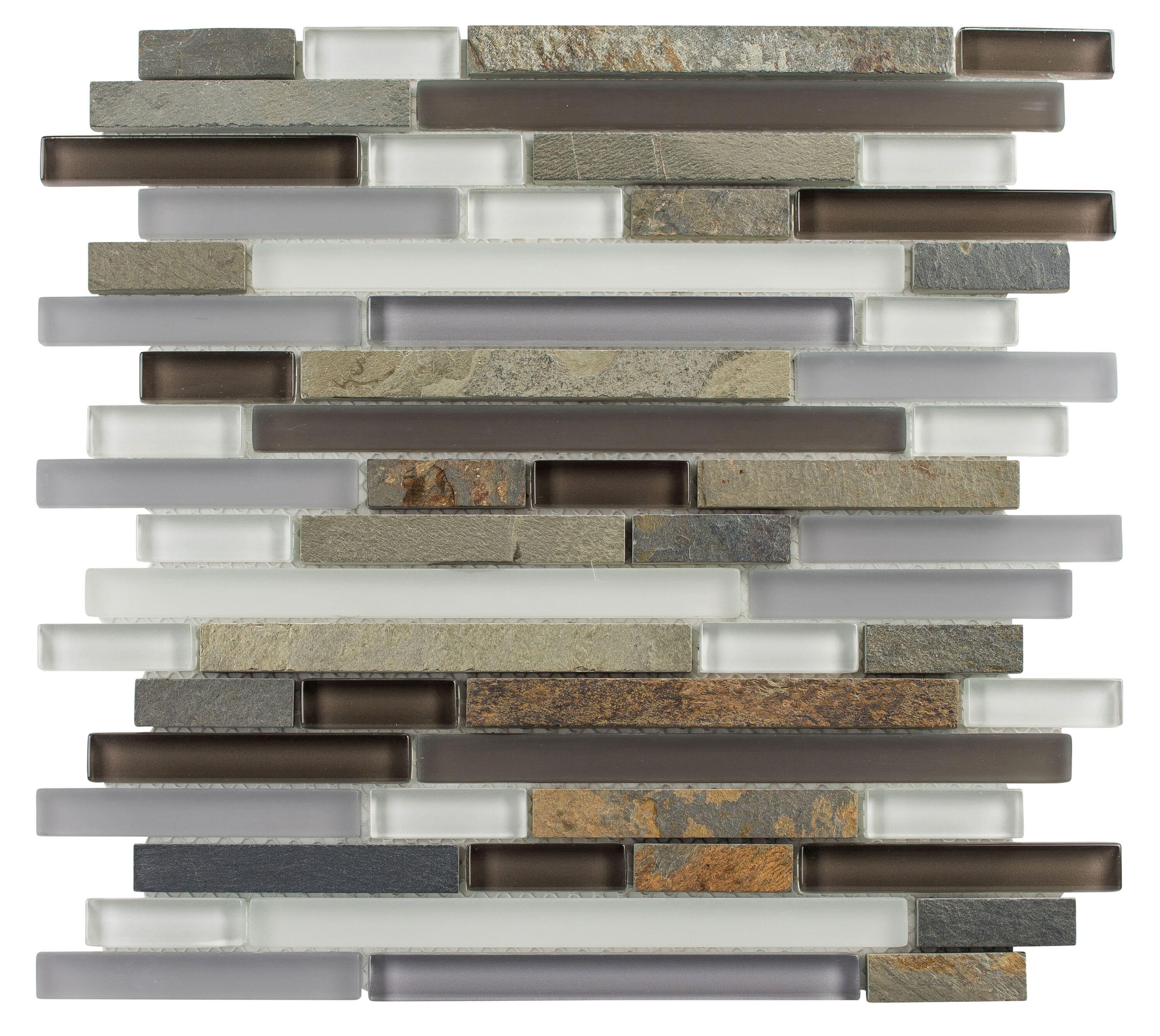 Wright-Scape Straight Edge Glass & Slate Brick Joint Mosaic Kitchen Backsplash, Bathroom, Shower, Pool, Wall and Floor Tile