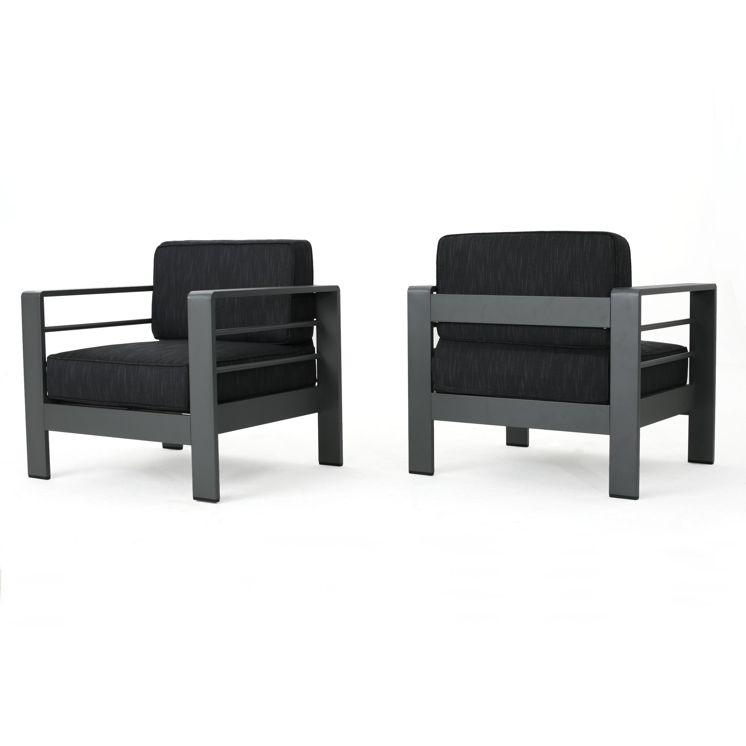 Grady Outdoor Aluminum Club Chairs with Water Resistant Cushions, Set of 2, Grey, Dark Grey