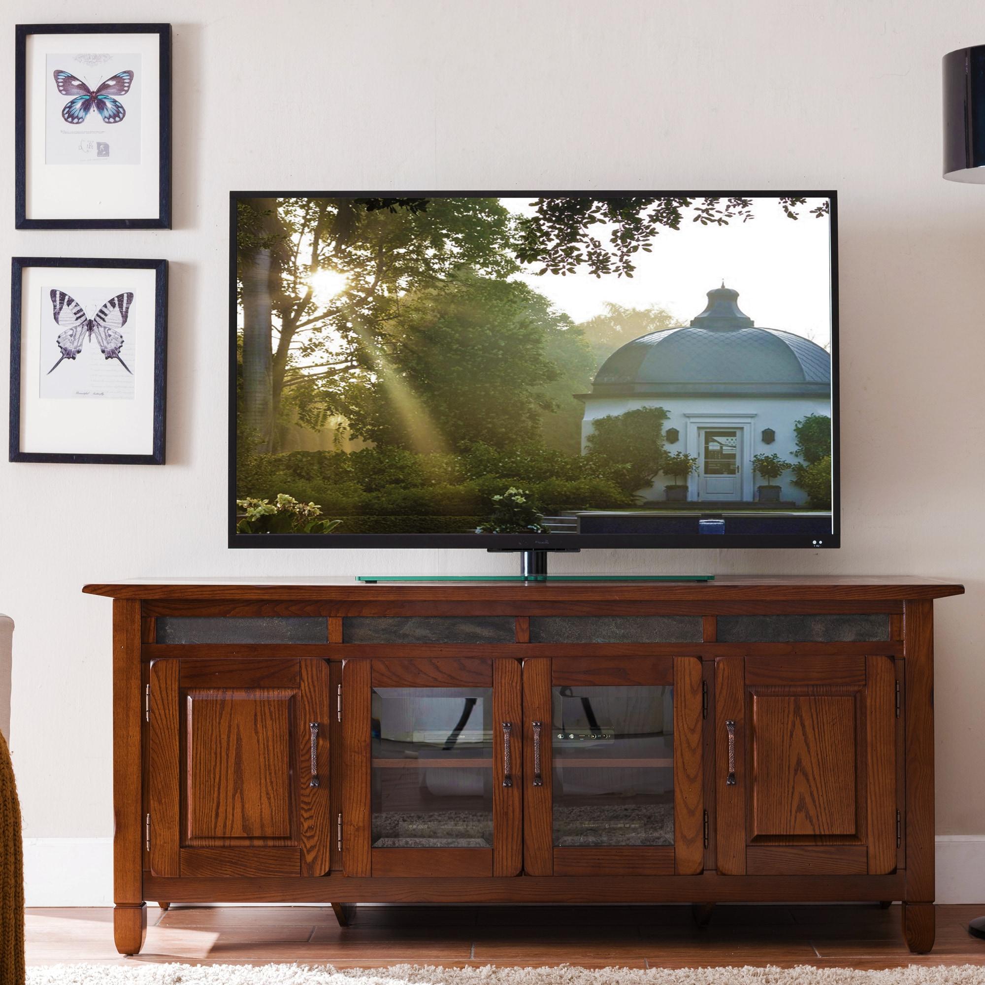 Leick Home 89360 Rustic Oak TV Stand with Slate Tiles and Enclosed Storage For 65" TV, Distressed Rustic Autumn