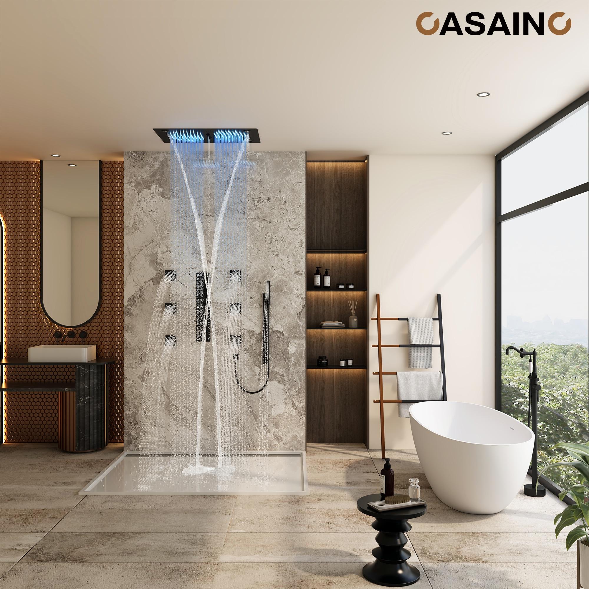 Rodeo 27.5-Inch LED&Music Rainfall Thermostatic Shower System with Slide Bar and 2-in-1 Handheld