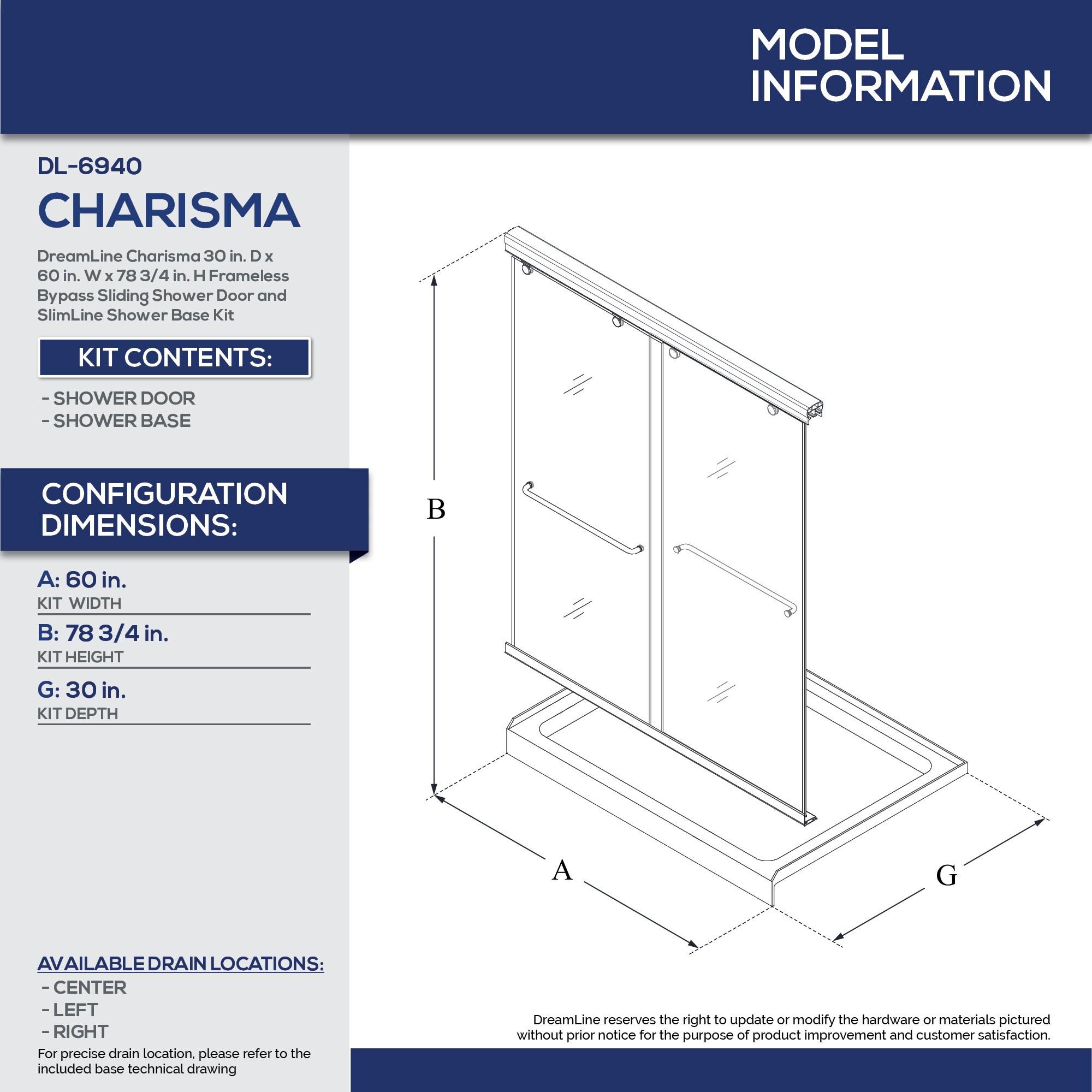 Charisma 60" x 78.75" Rectangle Bypass Sliding Shower Door with Base Included