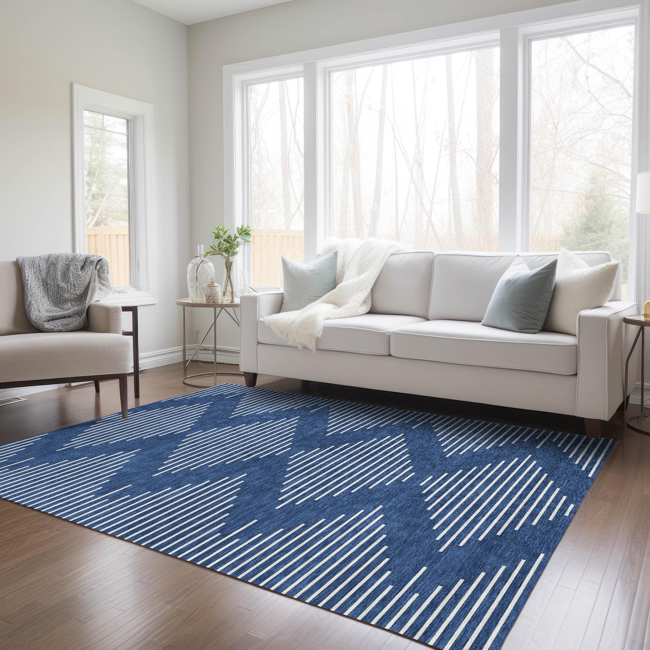 Navy Rectangular Washable Synthetic Flat Woven Rug, 2'6" x 3'10"