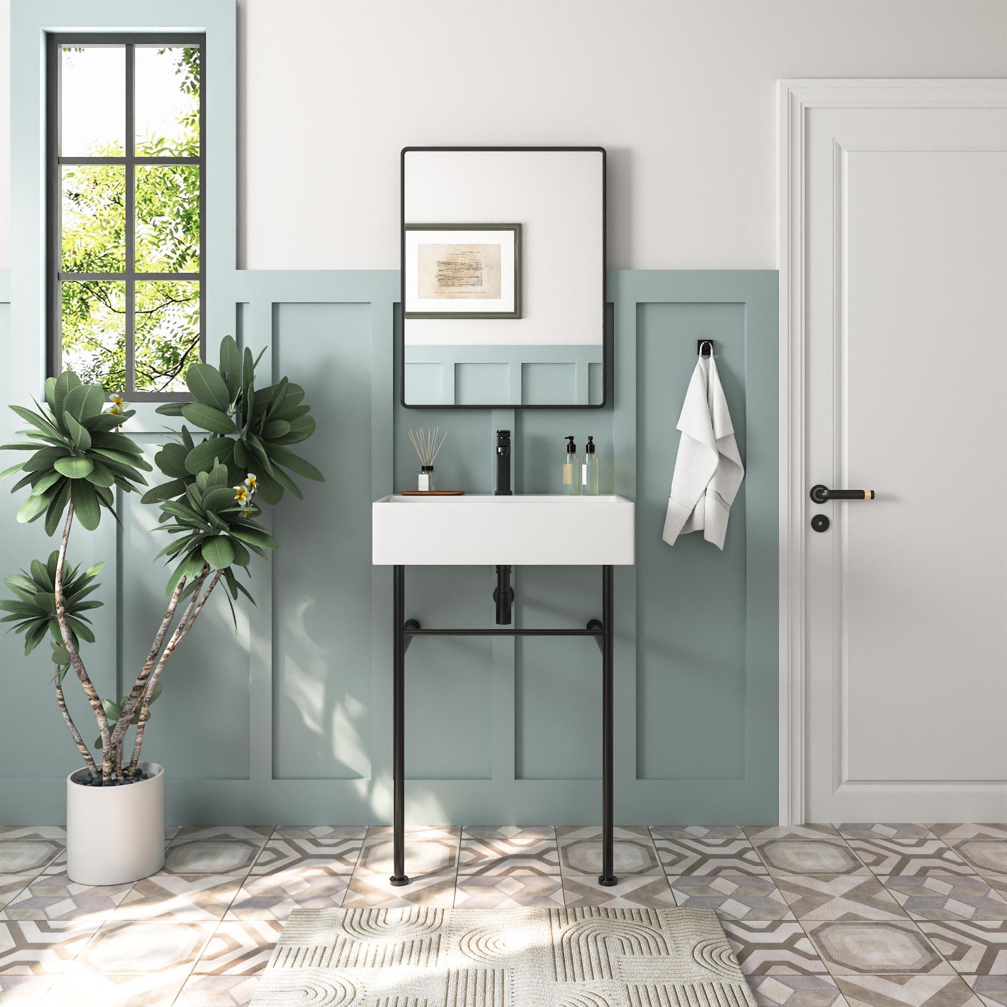 Ceramic White Rectangular Single Faucet Hole 24 in Console Bathroom Sink with Overflow