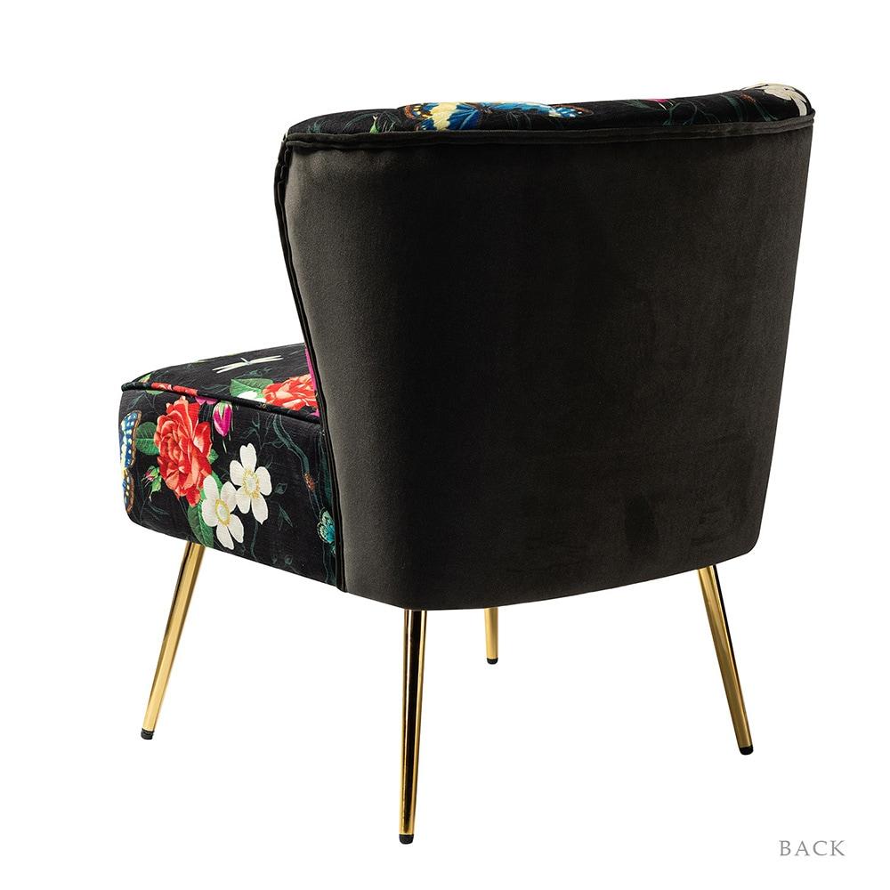 Floral Accent Chair Upholstered Wingback Sofa Tufted Back Golden Legs Flower Butterfly  Dining Home Living Room Bedroom Black