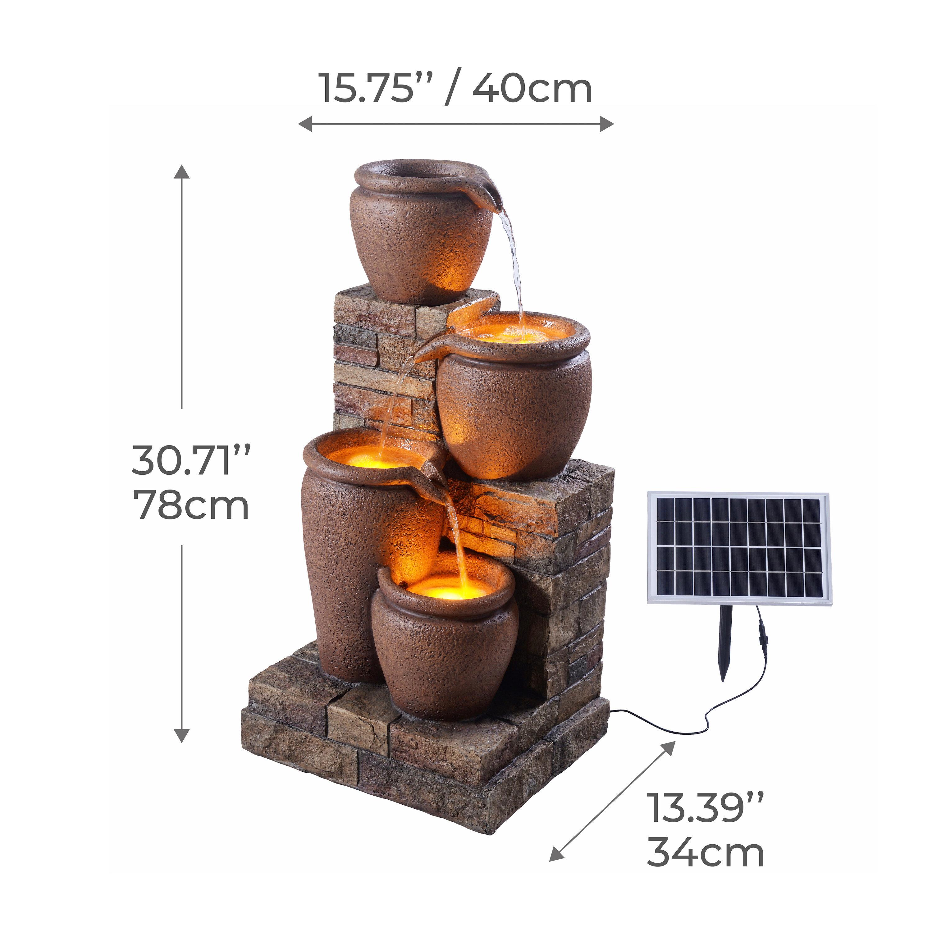 30.71" Rustic Brown Solar Powered 4-Tier Cascading Bowl Water Fountain