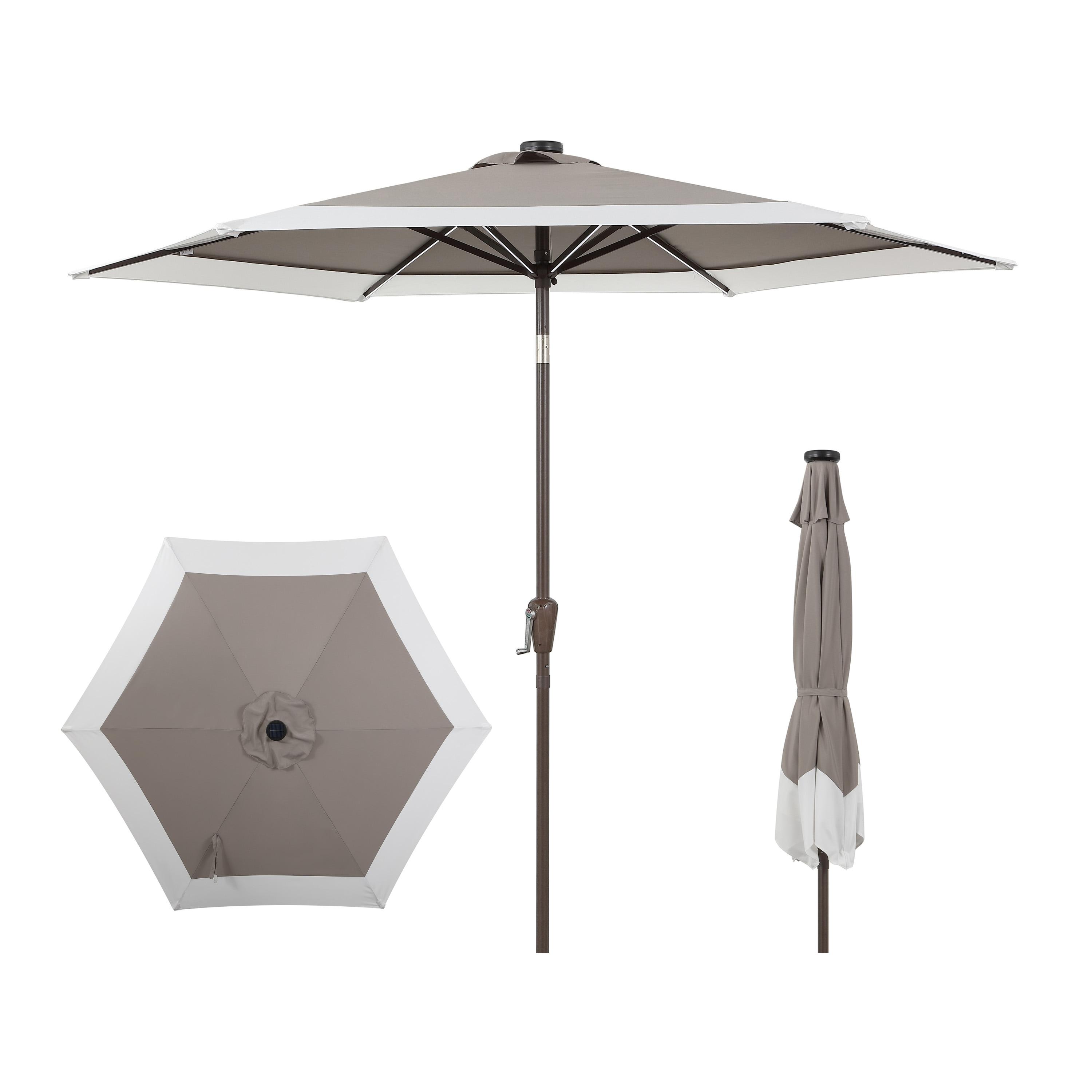 JONATHAN Y Spencer 9 ft. Classic Coastal 2-Tone Solar LED Market Patio Umbrella 12 LED Strip Lights, Auto-Tilt, Crank, UV Protection in Gray/White