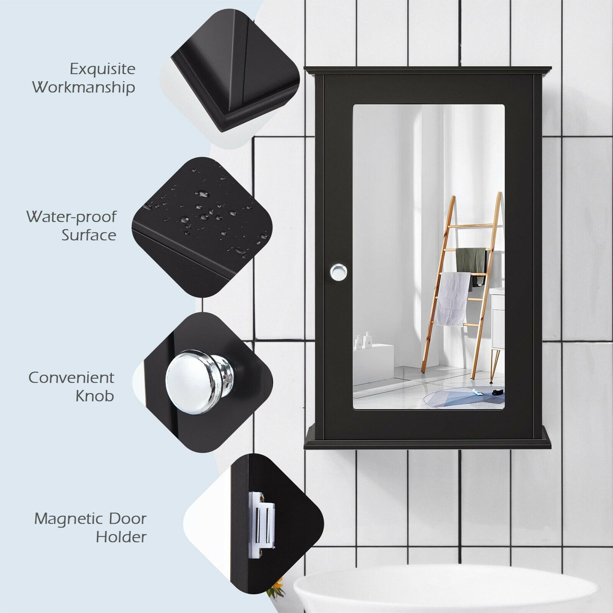 Costway Bathroom Wall Cabinet Single Mirror Door Cupboard Storage Wood Shelf Brown