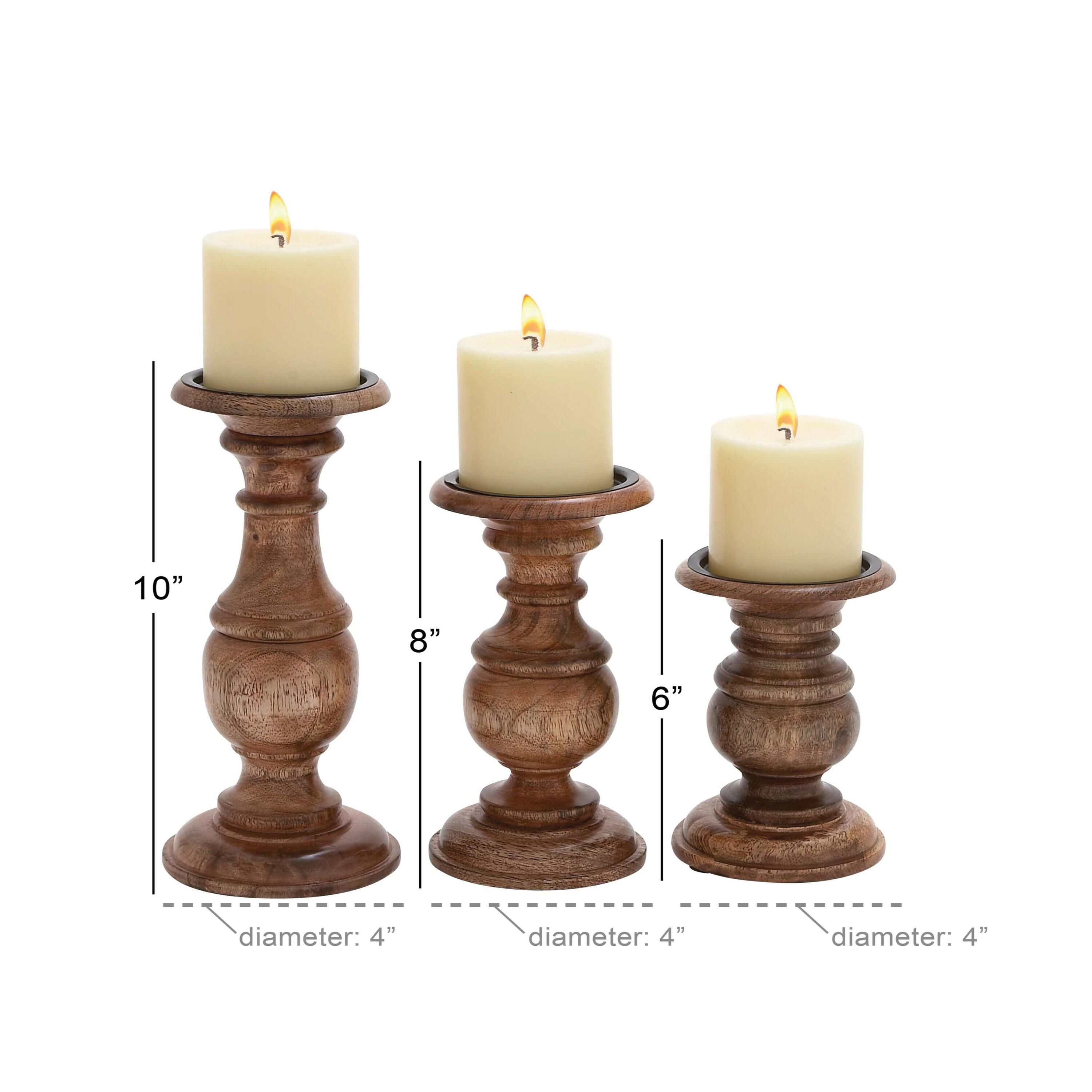 DecMode Traditional and Timeless Mango Wood Pillar Candle Holder Set of 3, 4", 8", 10"H, Brown Finish