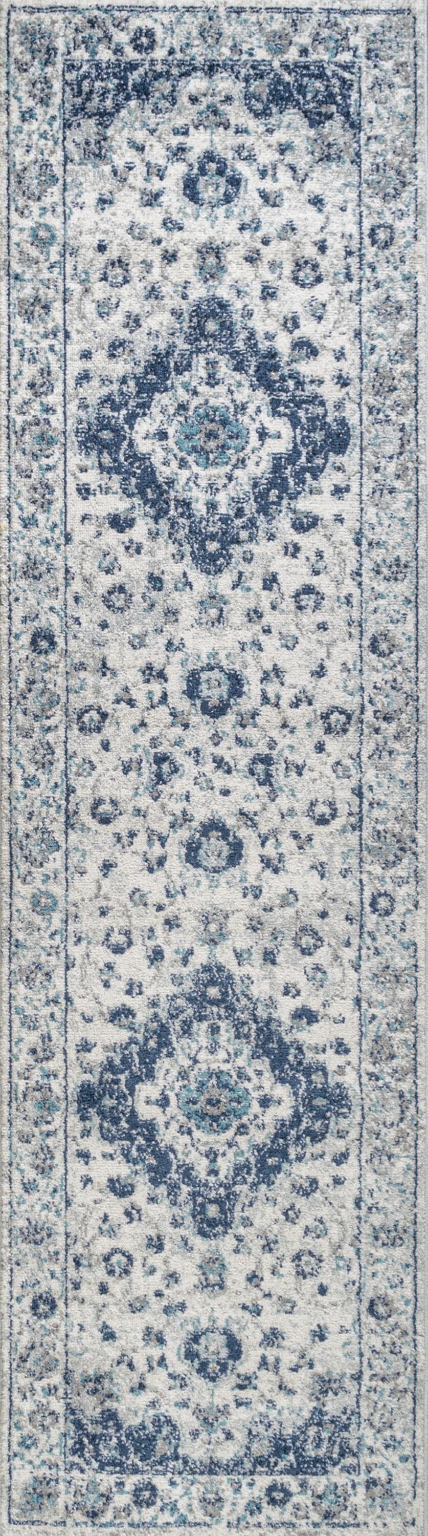 2'x8' Indhira Ornate Medallion Persian Runner Rug, Blue/Gray - JONATHAN Y