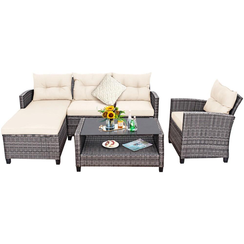 Costway 4PCS Patio Rattan Furniture Set Sofa Ottoman Cushion Garden Deck White