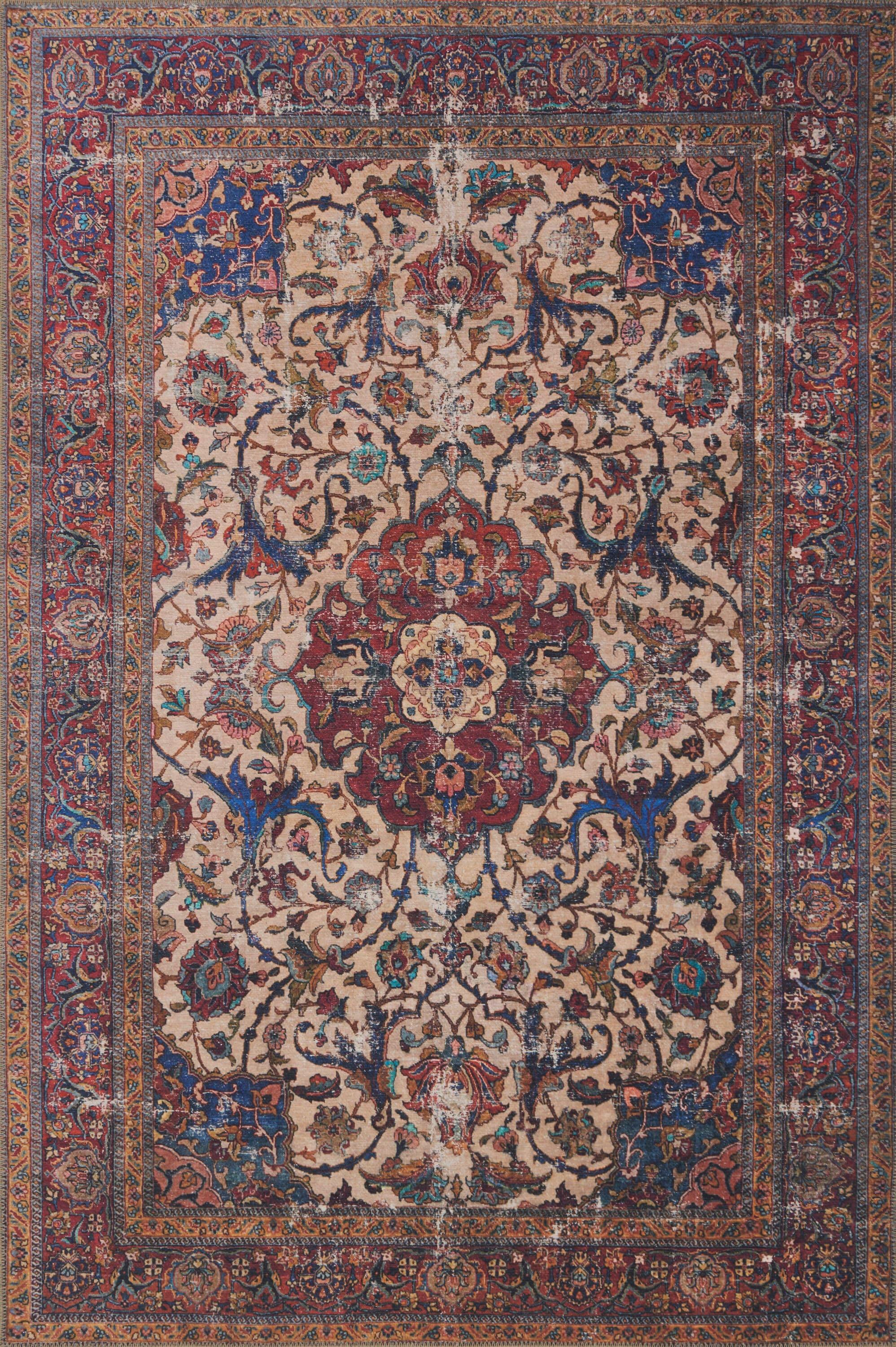 Sand and Multicolor Hand-Knotted Floral Accent Rug