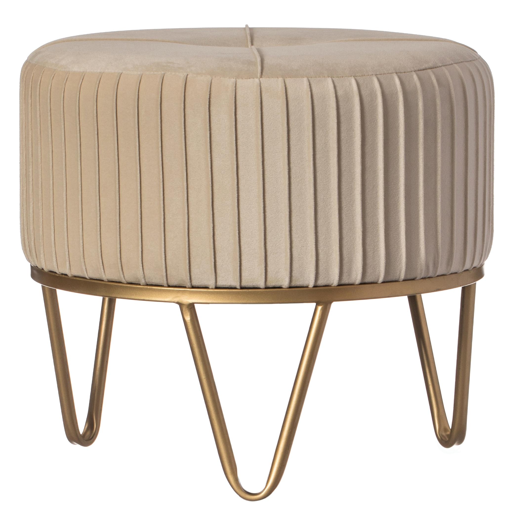 Fabulaxe Round Velvet Ottoman Stool Raised with Hairpin Gold Base, Cream, Small