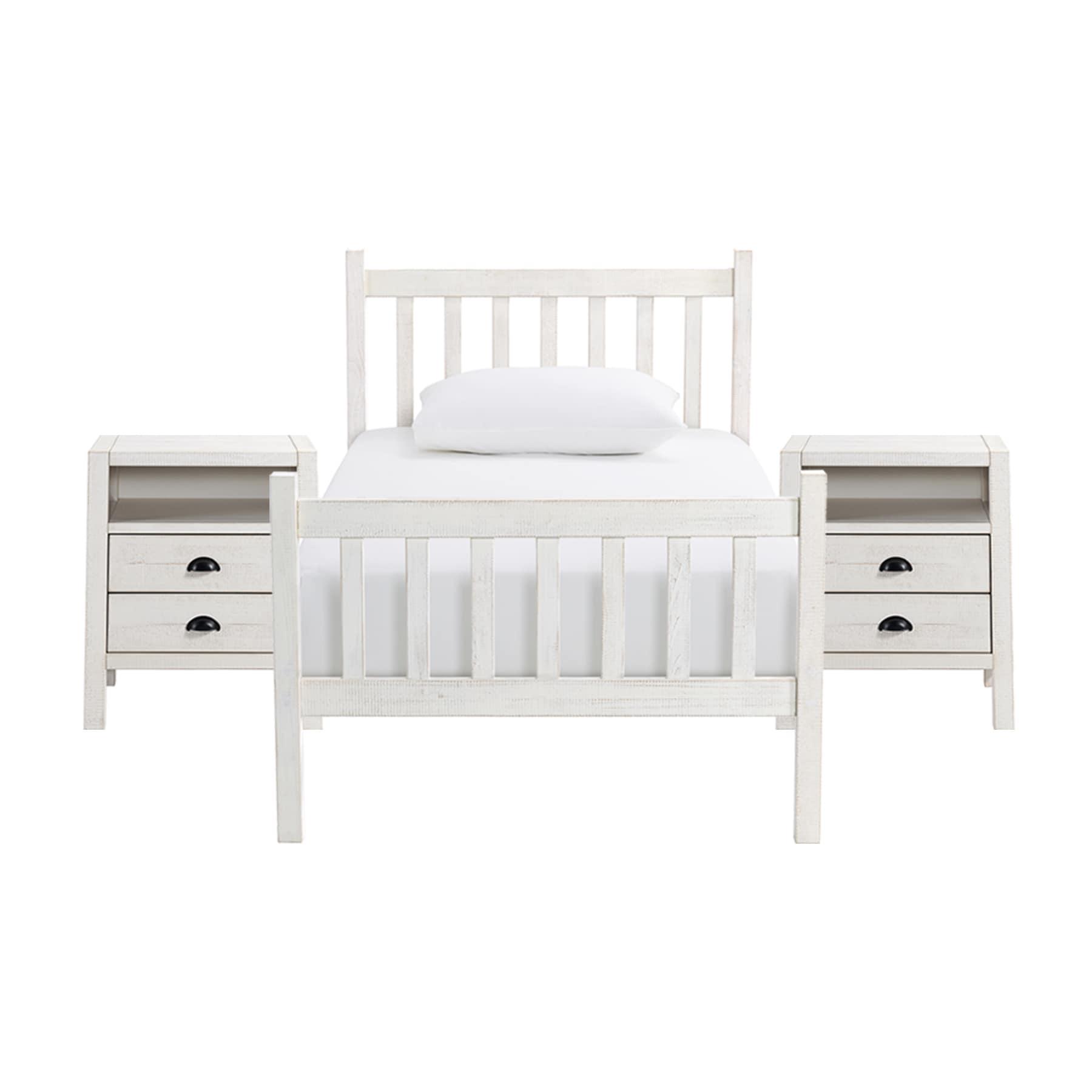 Windsor Wood Farmhouse Industrial Bohemian Style 3 Pc Bedroom Set With Slat Twin Bed 2 Nightstands