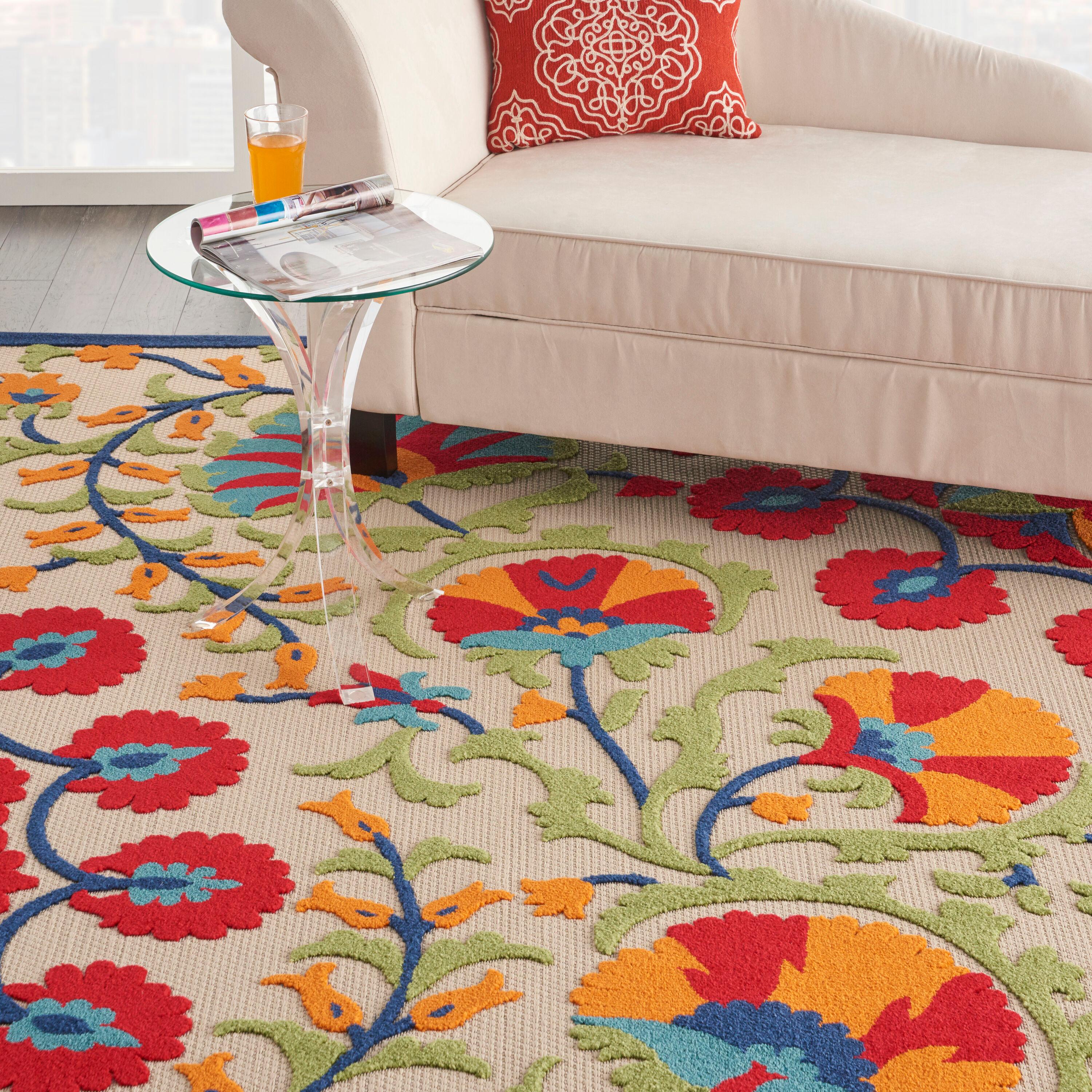 Nourison Aloha Floral Easy Care Flatweave High-Low Indoor Outdoor Area Rug Red/Multi 7' x 10'