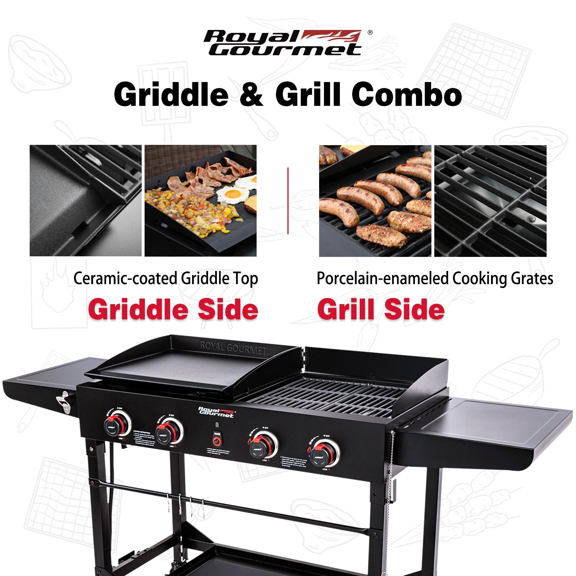 Royal Gourmet 4-Burner GD402 Portable Flat Top Gas Grill and Griddle Combo with Folding Legs, 48,000 BTU, Black