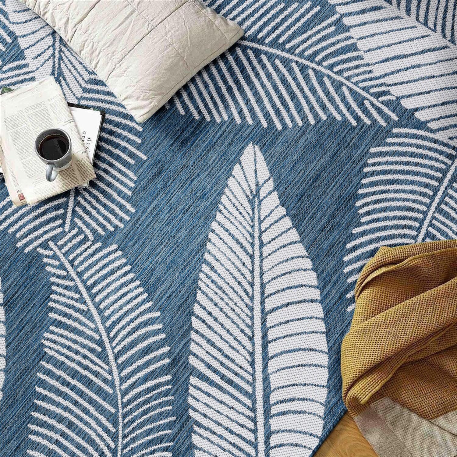 World Rug Gallery Distressed Palm Leaves Textured Flat Weave Indoor/Outdoor Area Rug - NAVY 7'10"X10'