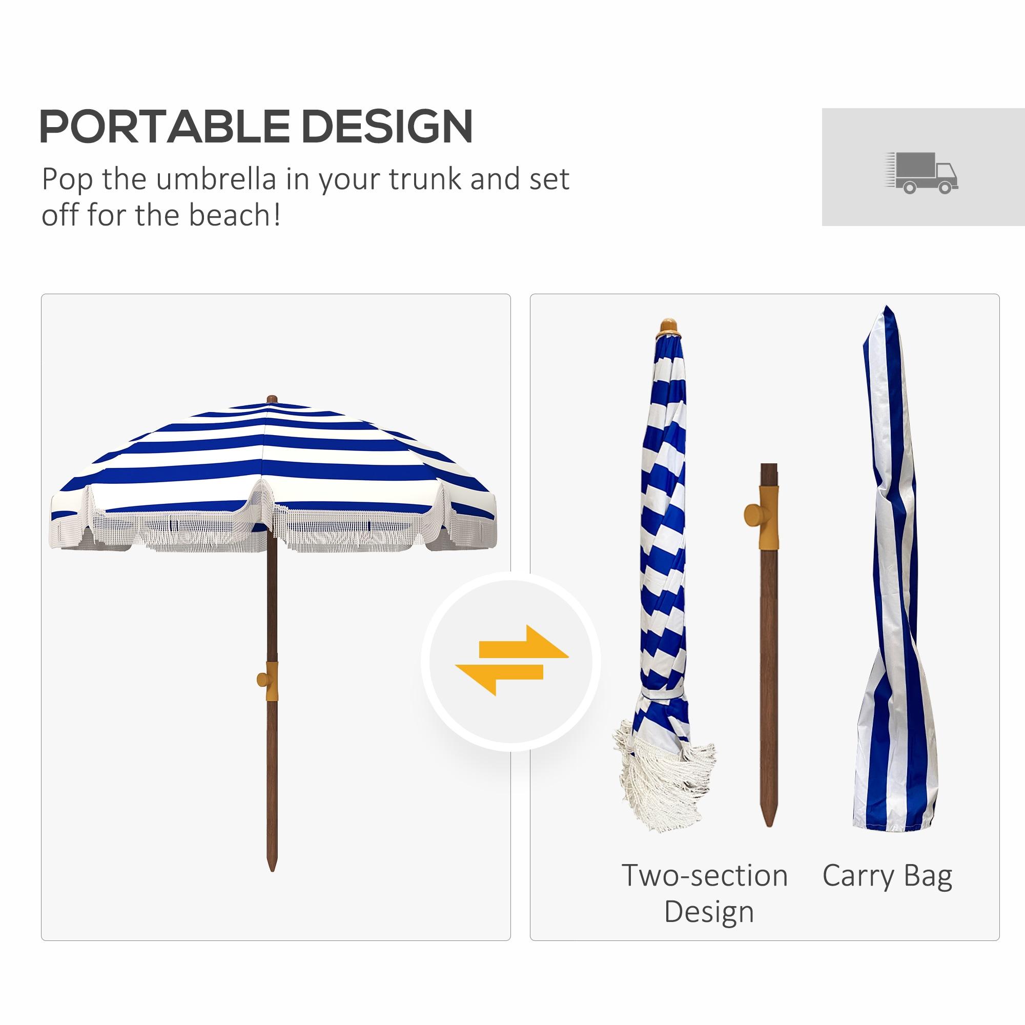 6.2-ft Blue and White Striped Steel Beach Umbrella with Fringe