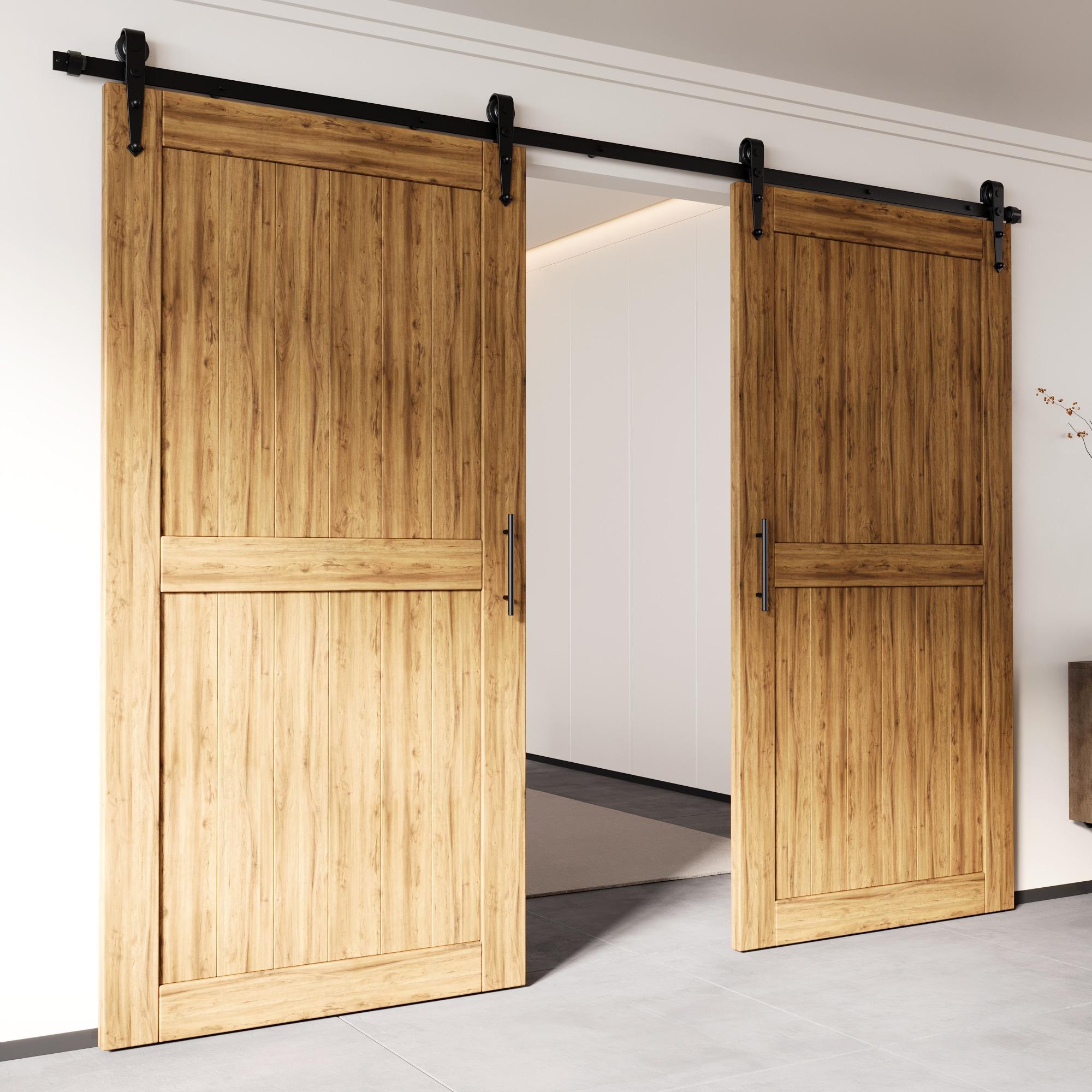 Homacer Black Rustic Sliding Barn Door Hardware Kit, for Two/Double Doors, 5.5ft Long Flat Track, Arrow Design Roller, Heavy Duty, for Interior & Exterior Use