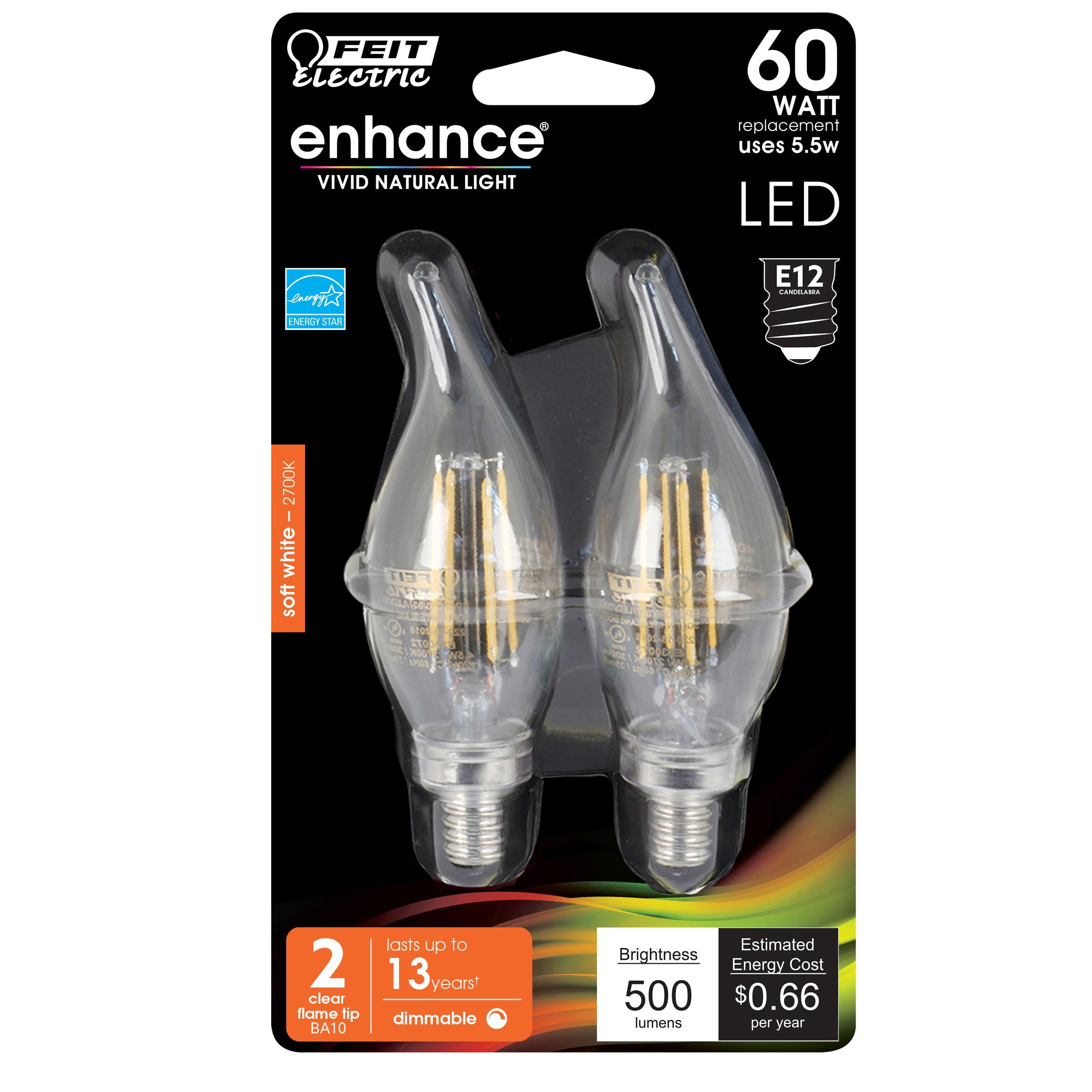 Feit Flame Tip E12 (Candelabra) LED Bulb Soft White 60 Watt Equivalence 2 pk