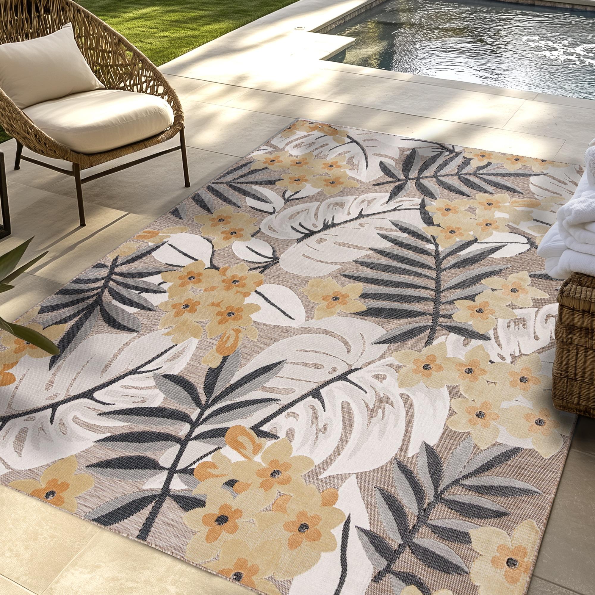 Gertmenian Tara Polly Gray Yellow Ivory Large Tropical Hawaiian Indoor/ Outdoor Flatweave High-Low Area Rug