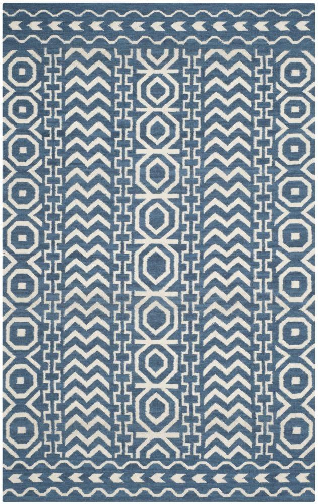 Handmade Flat Woven Blue Wool 5' x 8' Reversible Rug